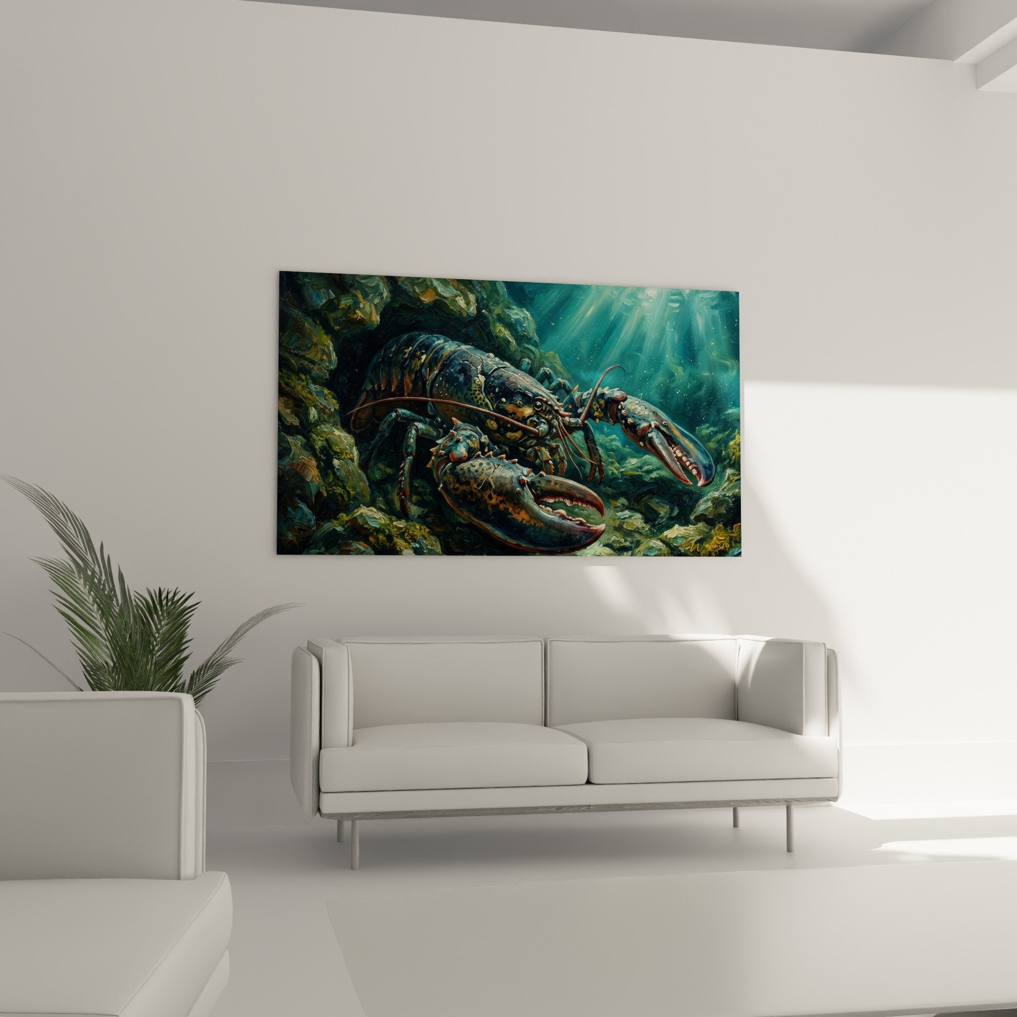 Hummer-Detail Gemälde Panzer kupferne goldene Reflexionen realistische Textur robuste Scheren