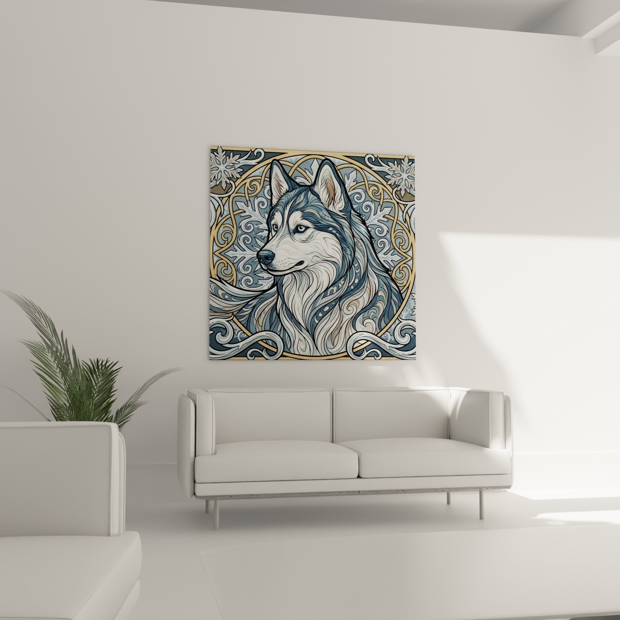 Stylized Siberian husky portrait detail with golden floral patterns decorative art mandala
