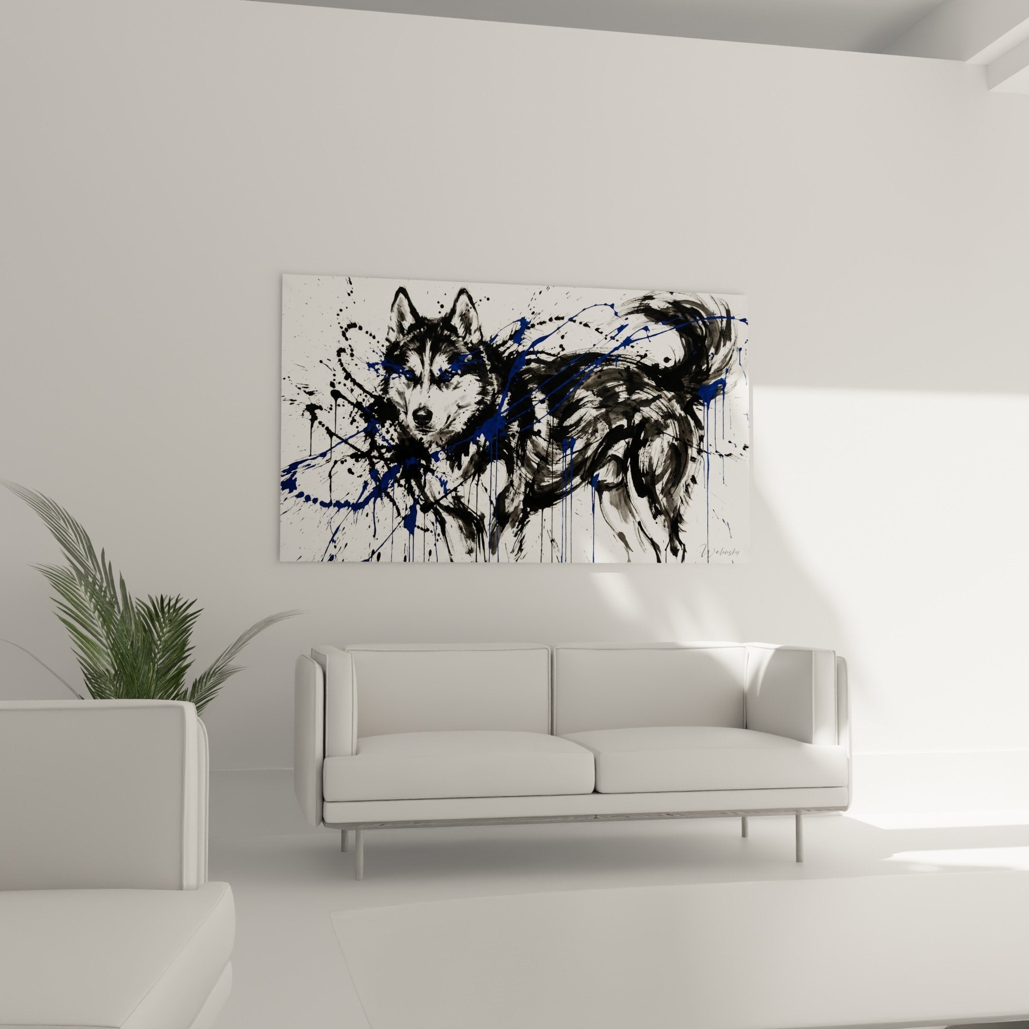 Détail portrait Husky Sibérien peinture gestuelle, coulures bleues et noires expressives, art mural