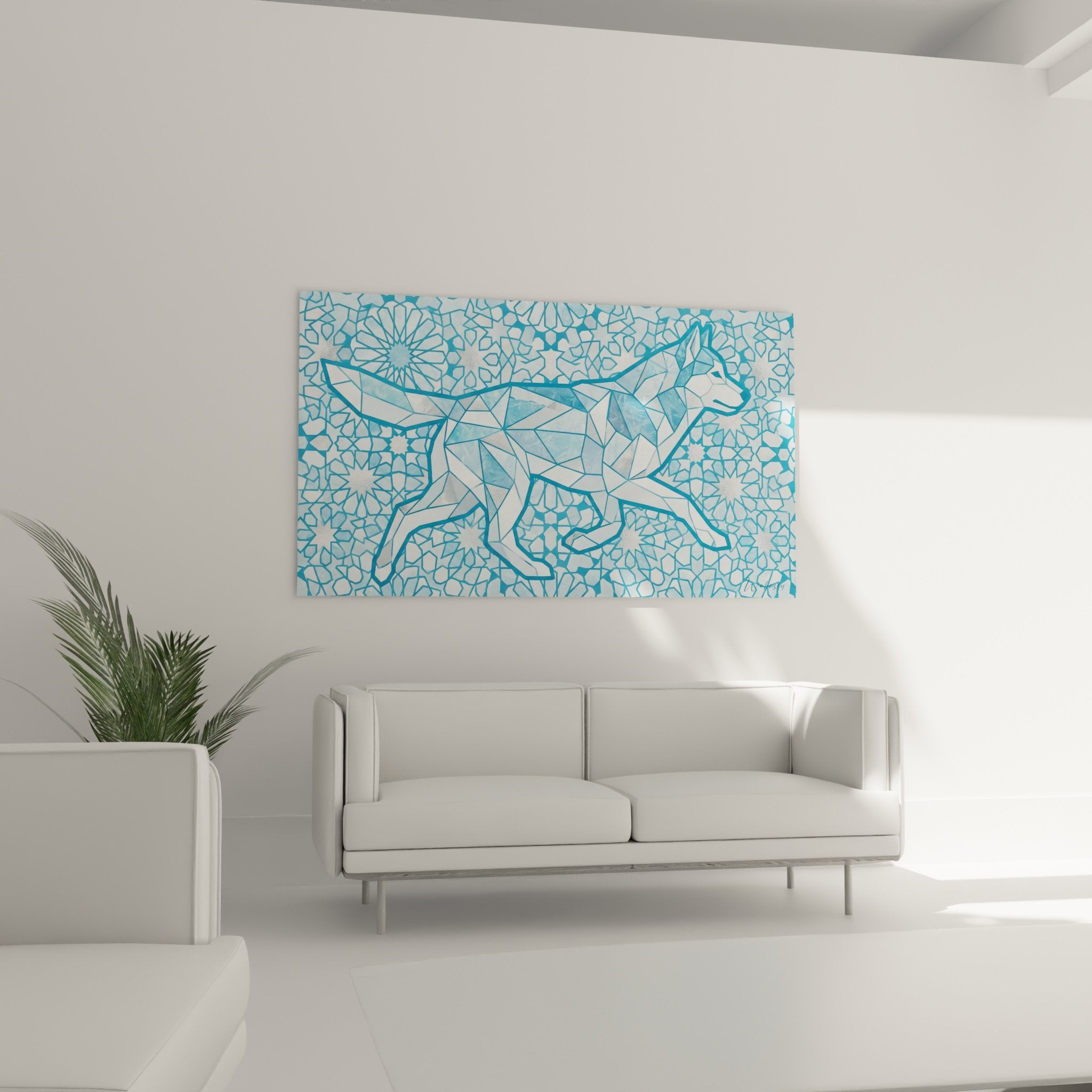 Detail tableau husky geometrique facettes bleues art contemporain nordique