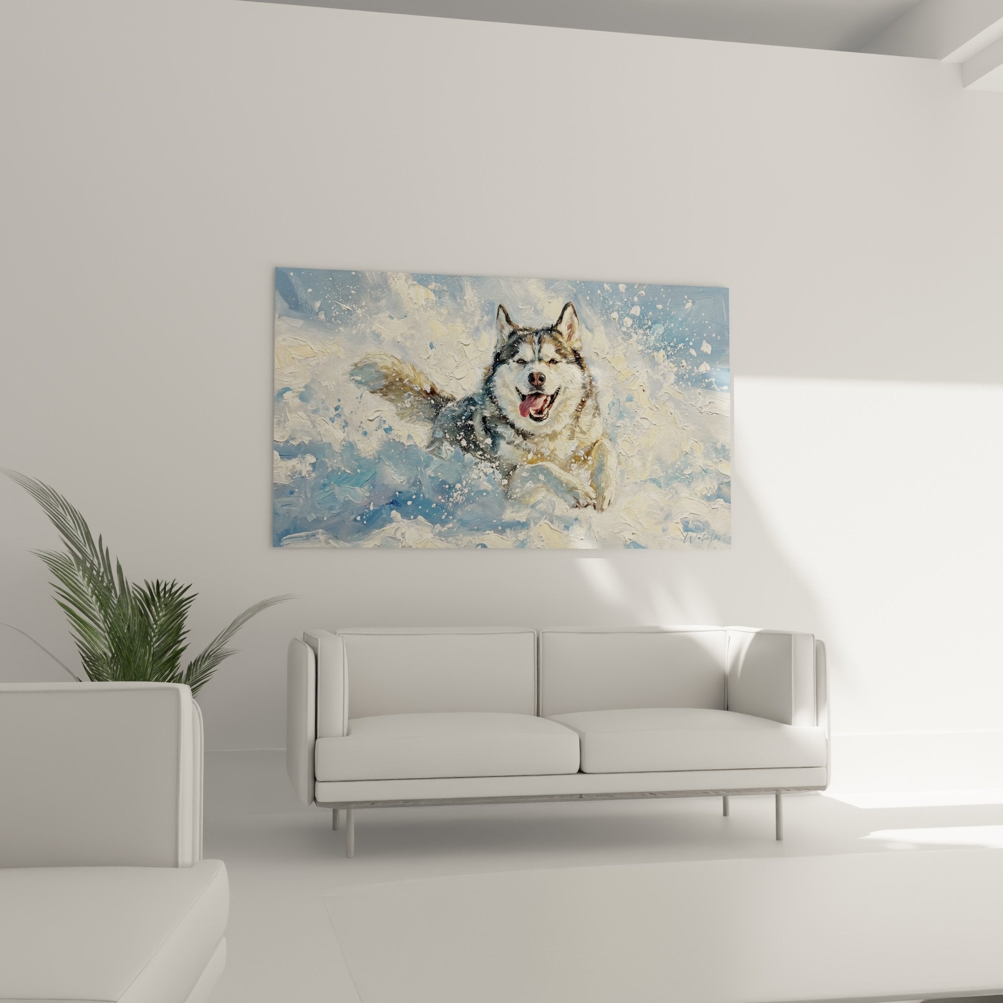 Détail tableau Husky Sibérien souriant, technique empâtement, gouttelettes d'eau relief, pelage gris blanc réaliste