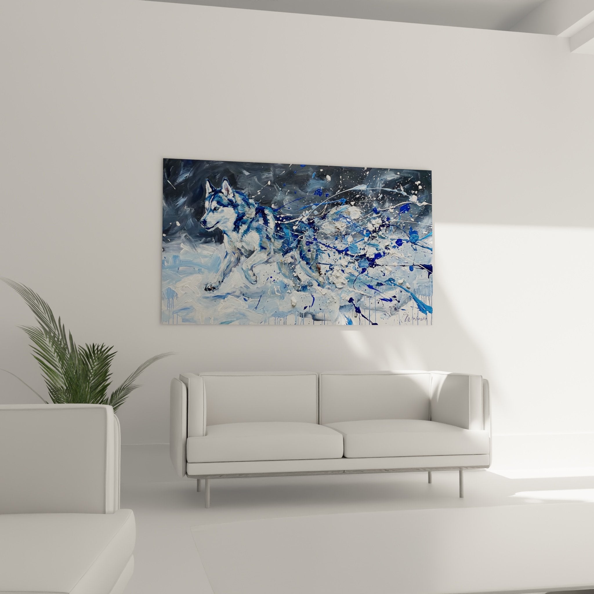 Détail peinture husky sibérien yeux bleus et projections bleues art contemporain