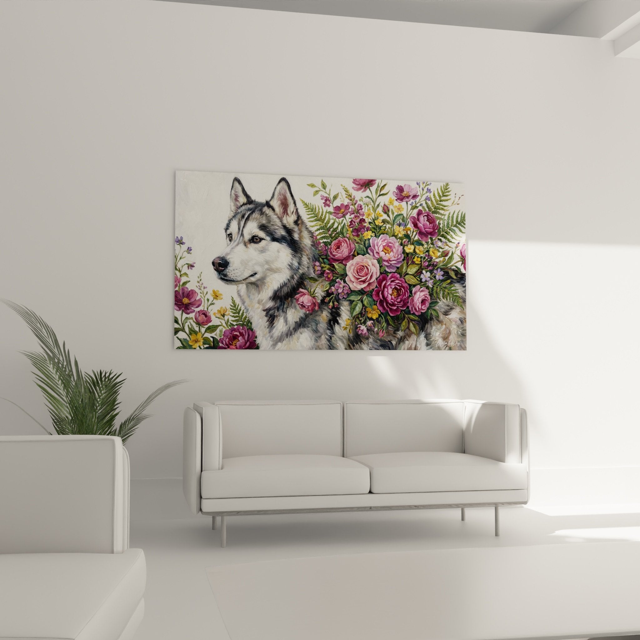 Détail portrait Husky Sibérien pelage gris blanc yeux bleus pivoines violettes roses réalisme artistique