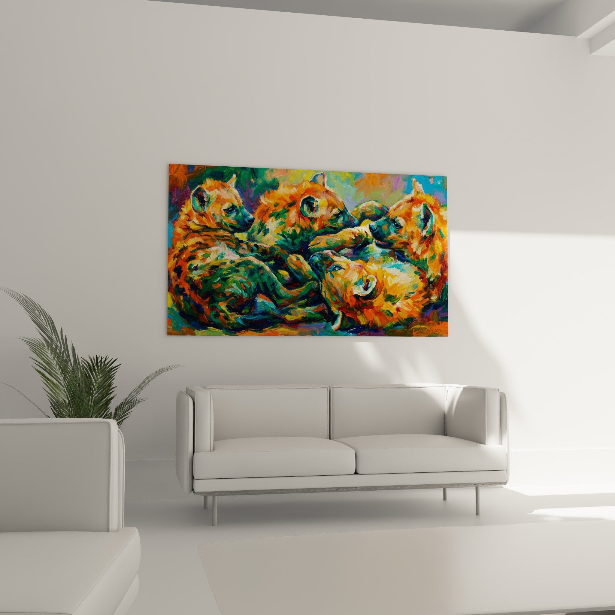 Nahaufnahme der expressionistischen Hyänen mit den ausdrucksstarken orange- und grünfarbenen Strukturen der Malerei