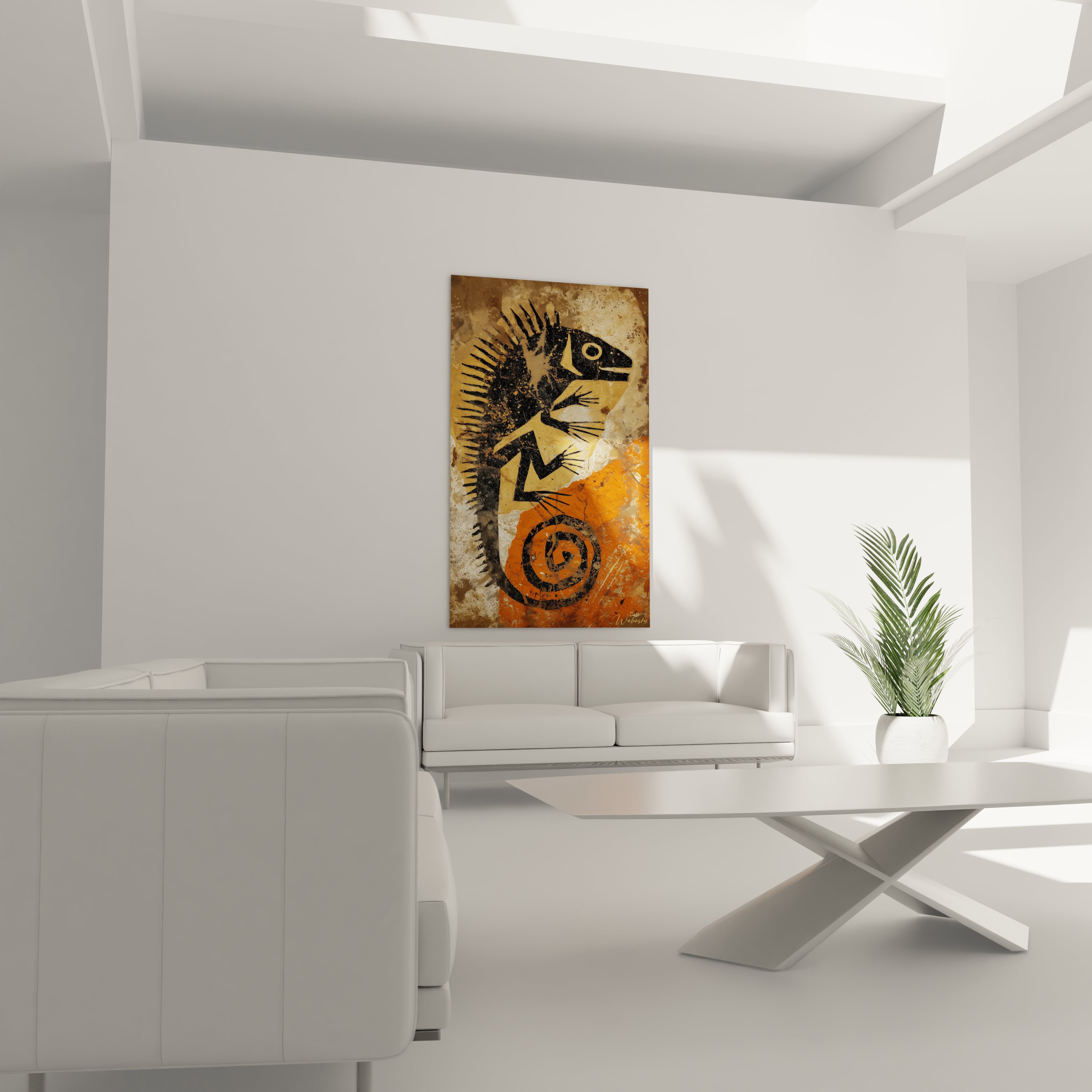 Détail gros plan iguane préhistorique, spirales sacrées ocre, texture peinture rupestre authentique