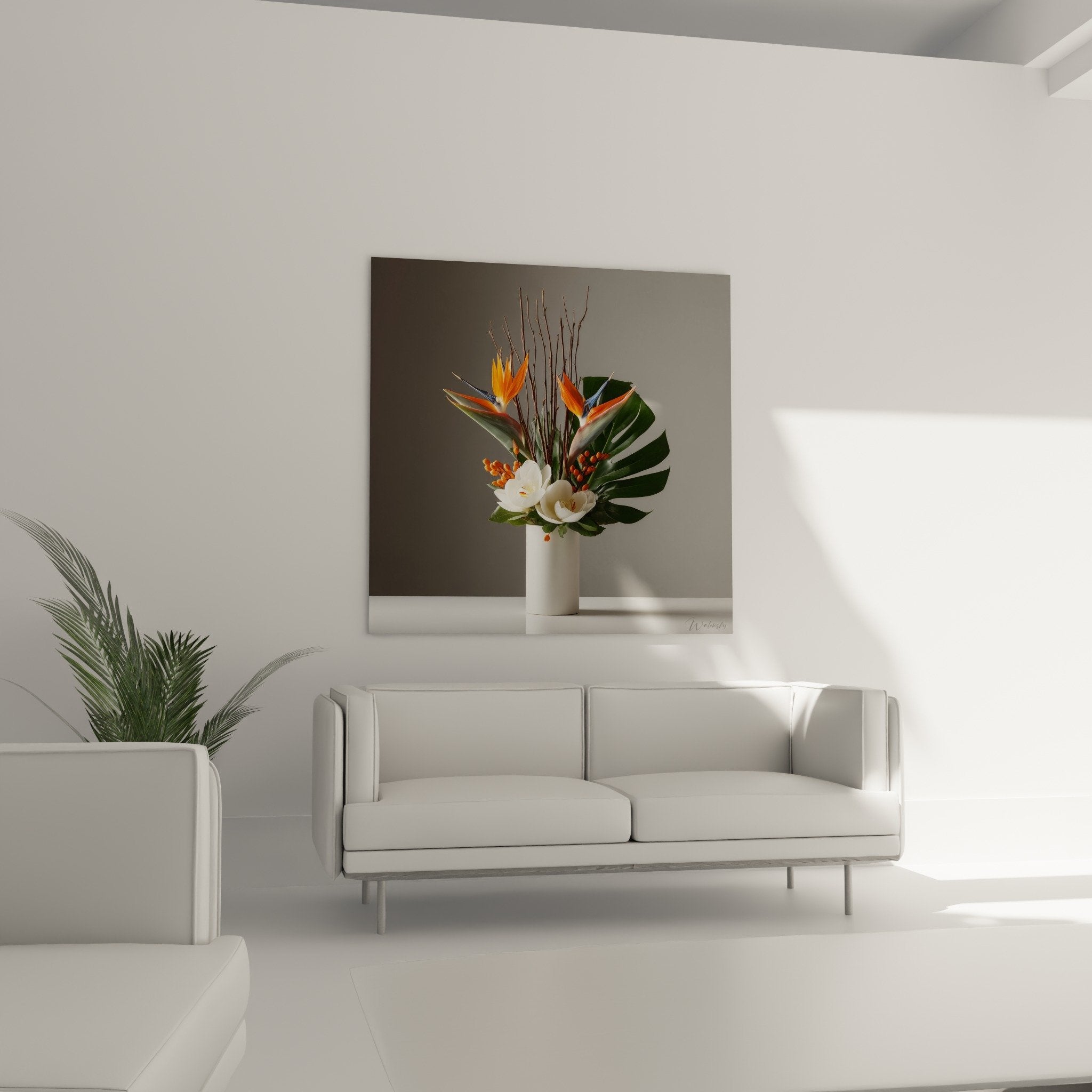 Detail composition ikebana fleurs orange blanc branches nues vase ceramique art floral japonais