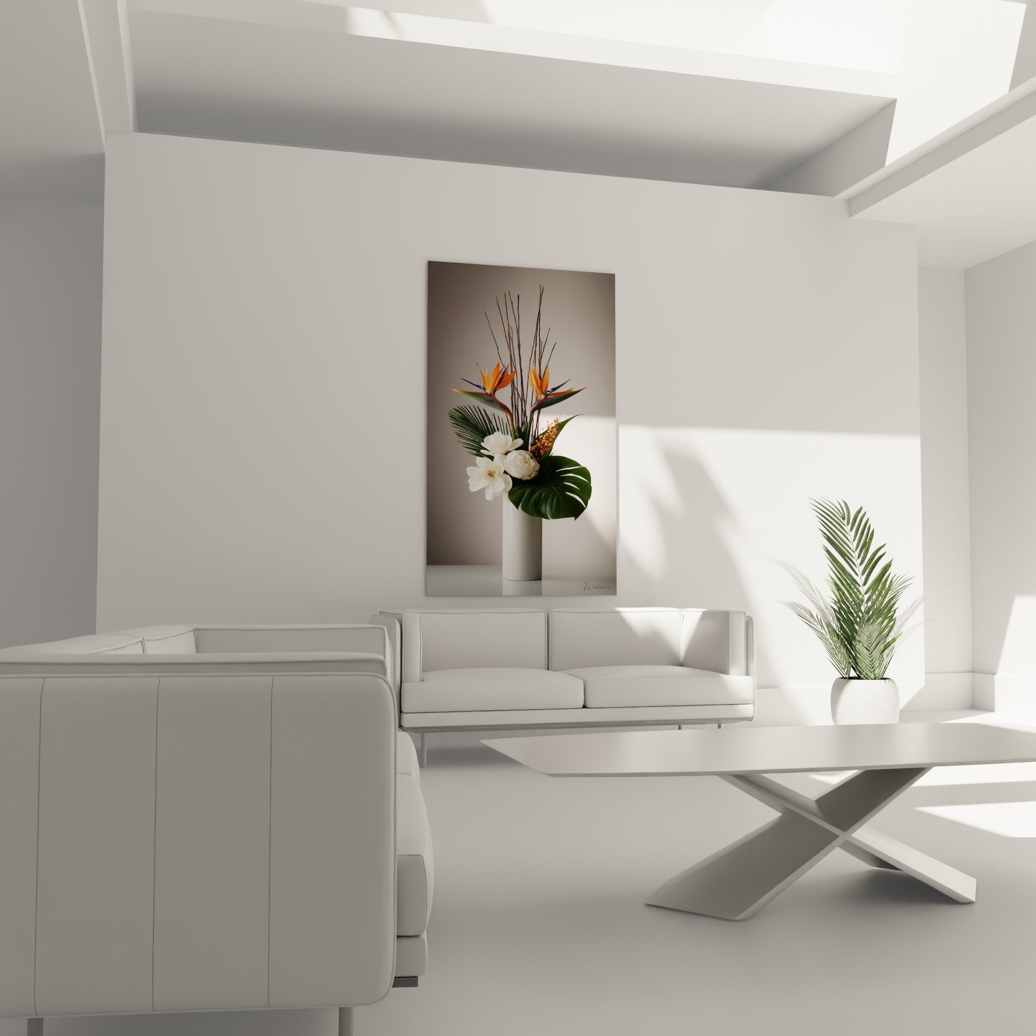 Detail composition Ikebana tropical flowers birds of paradise orange white magnolias monstera leaf
