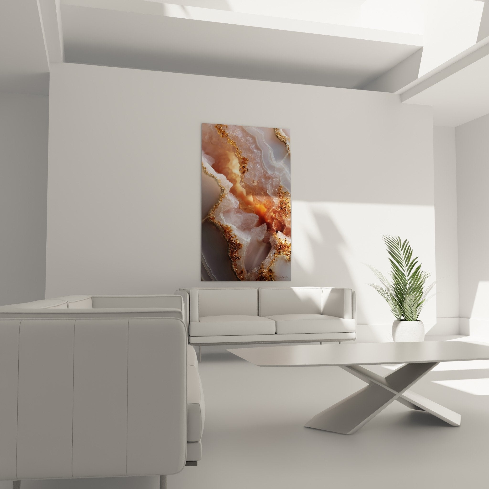 Détail rapproché des inclusions dorées et transparences cristallines du tableau marbre abstrait minéral