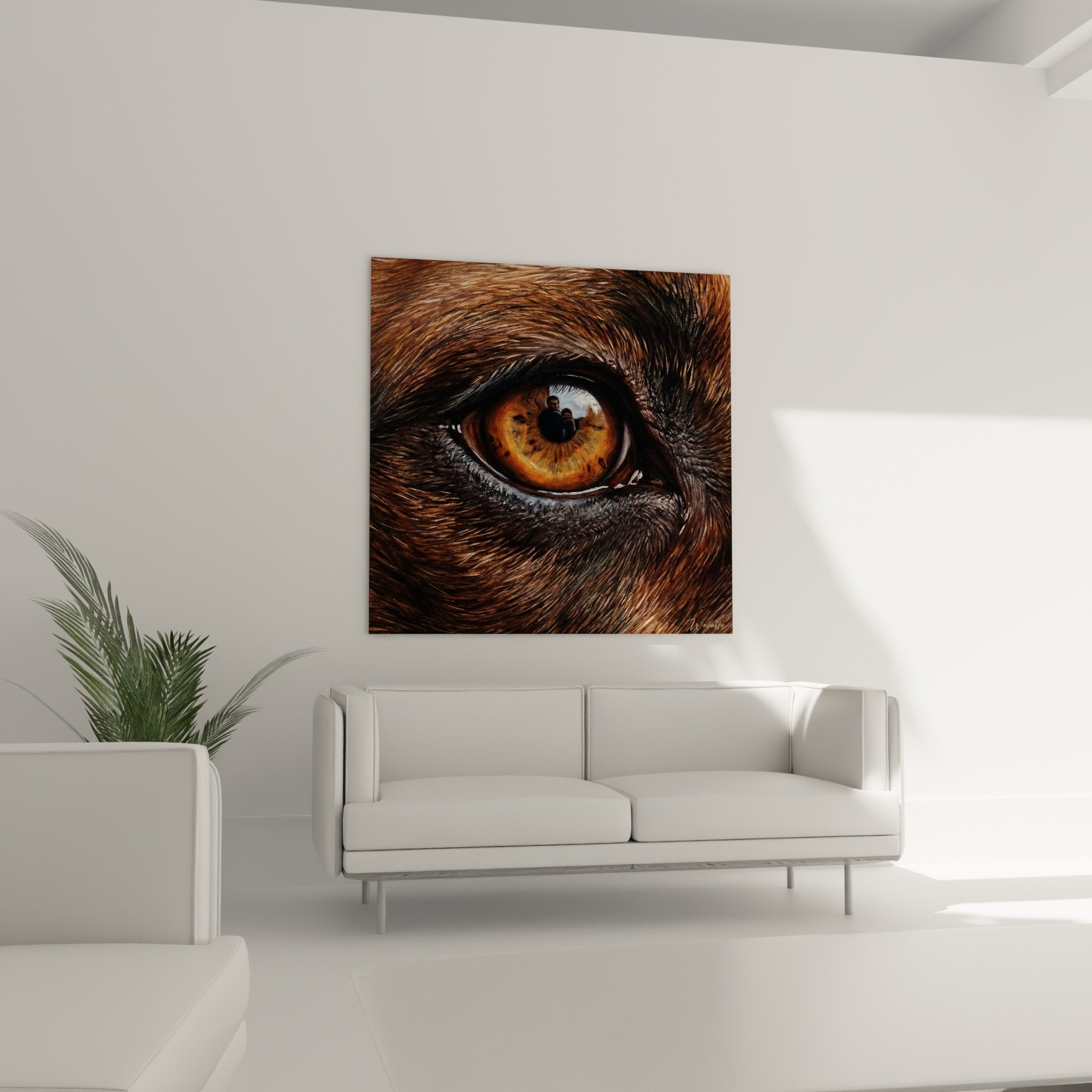 Dettaglio ravvicinato dell'iride dorata e della pupilla nera di uno Staffordshire Bull Terrier - dipinto realistico dell'occhio canino color ambra