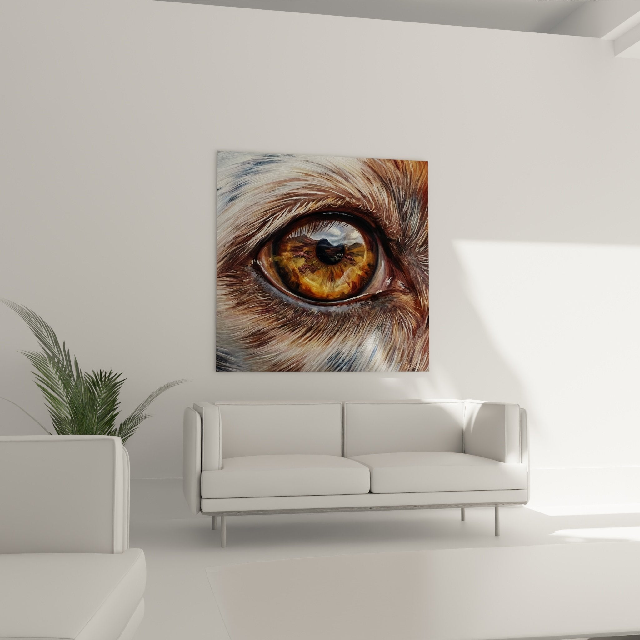 Dettaglio iride dorata e riflessi luminosi occhio di Setter Inglese pittura iperrealistica