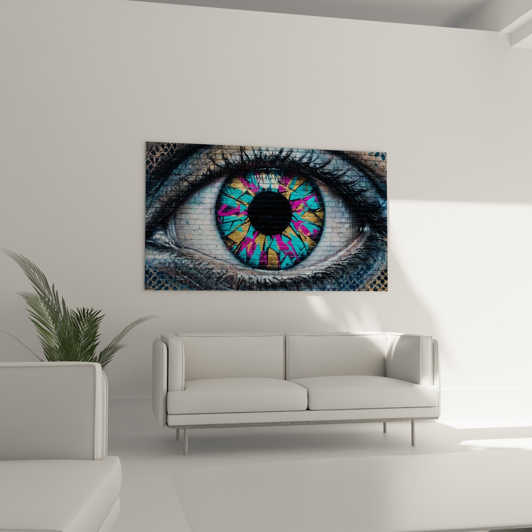 Nahaufnahme bunter Iris Auge Street Art fluoreszente Farben Türkis Magenta geometrische Muster