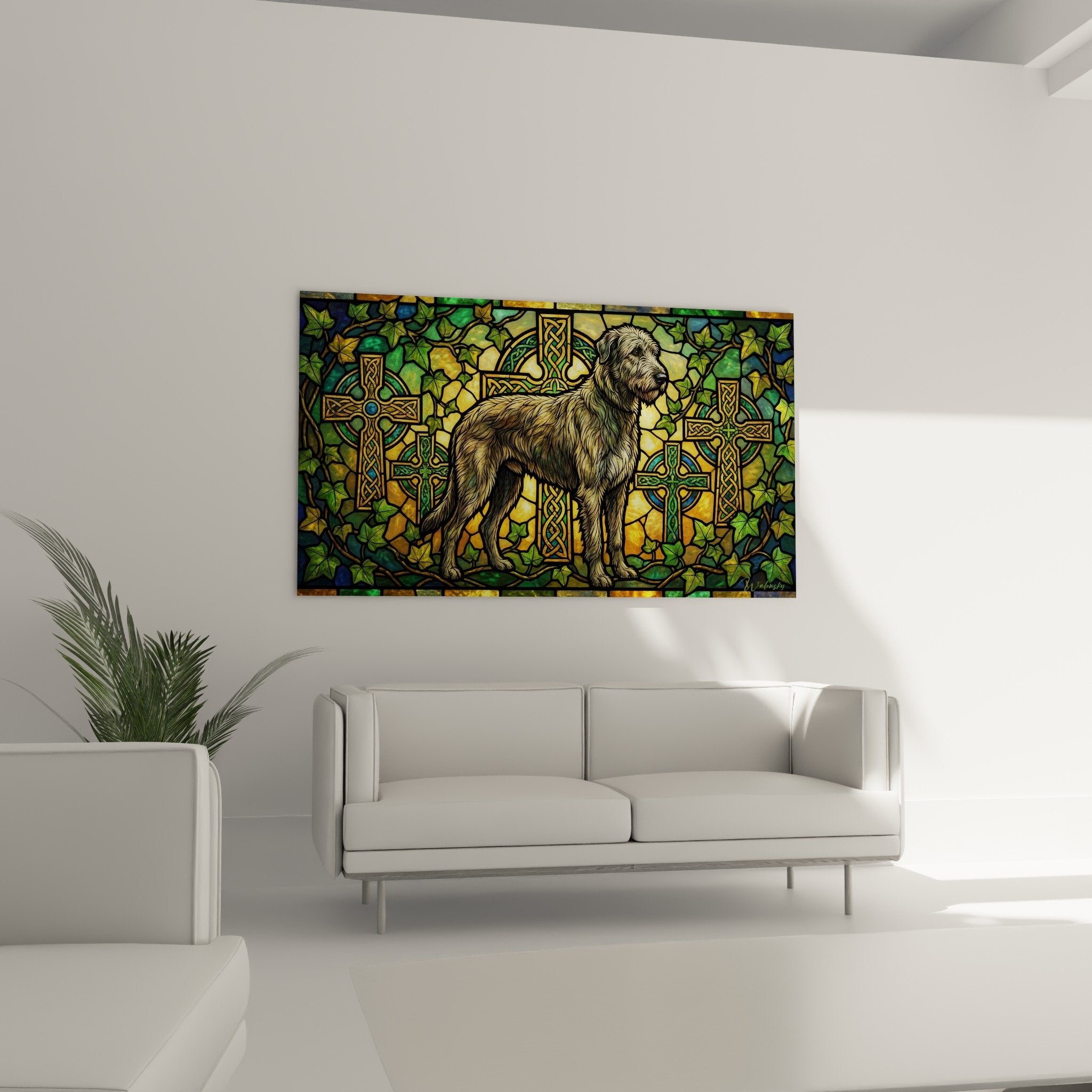 Détail rapproché Irish Wolfhound pelage doré sur vitrail coloré motifs celtiques et feuilles lierre