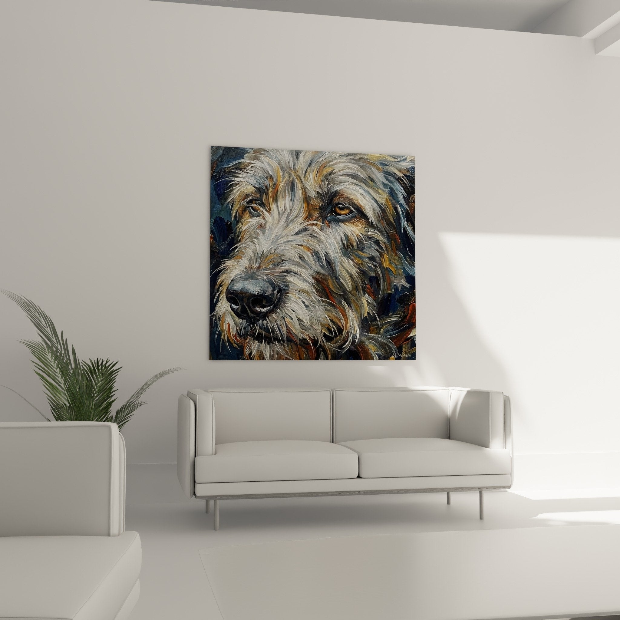 detailed portrait irish wolfhound amber eye coat texture brushstrokes modern impressionist technique
