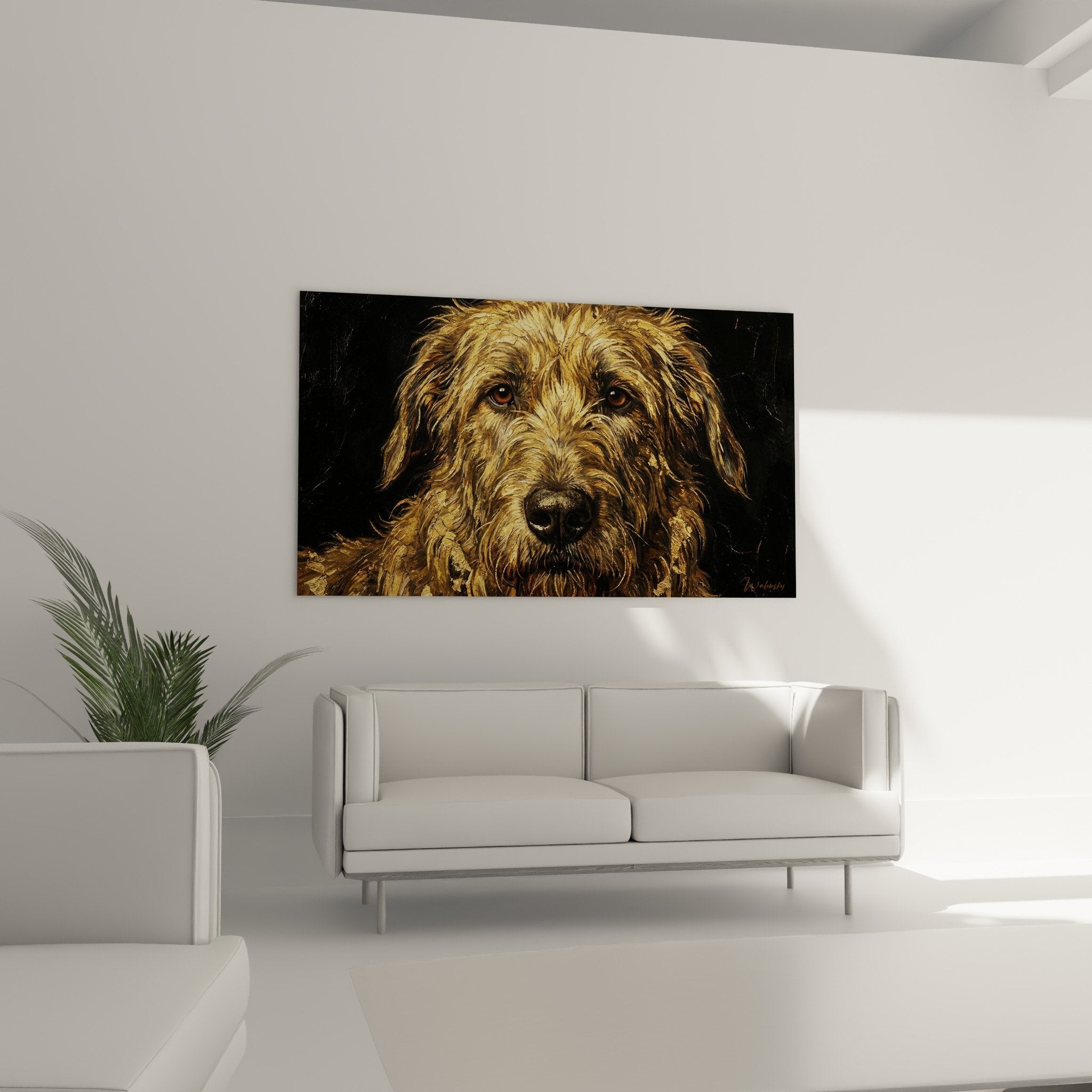 Detail portrait Irish Wolfhound pelage texture doree yeux ambre expression melancolique art mural