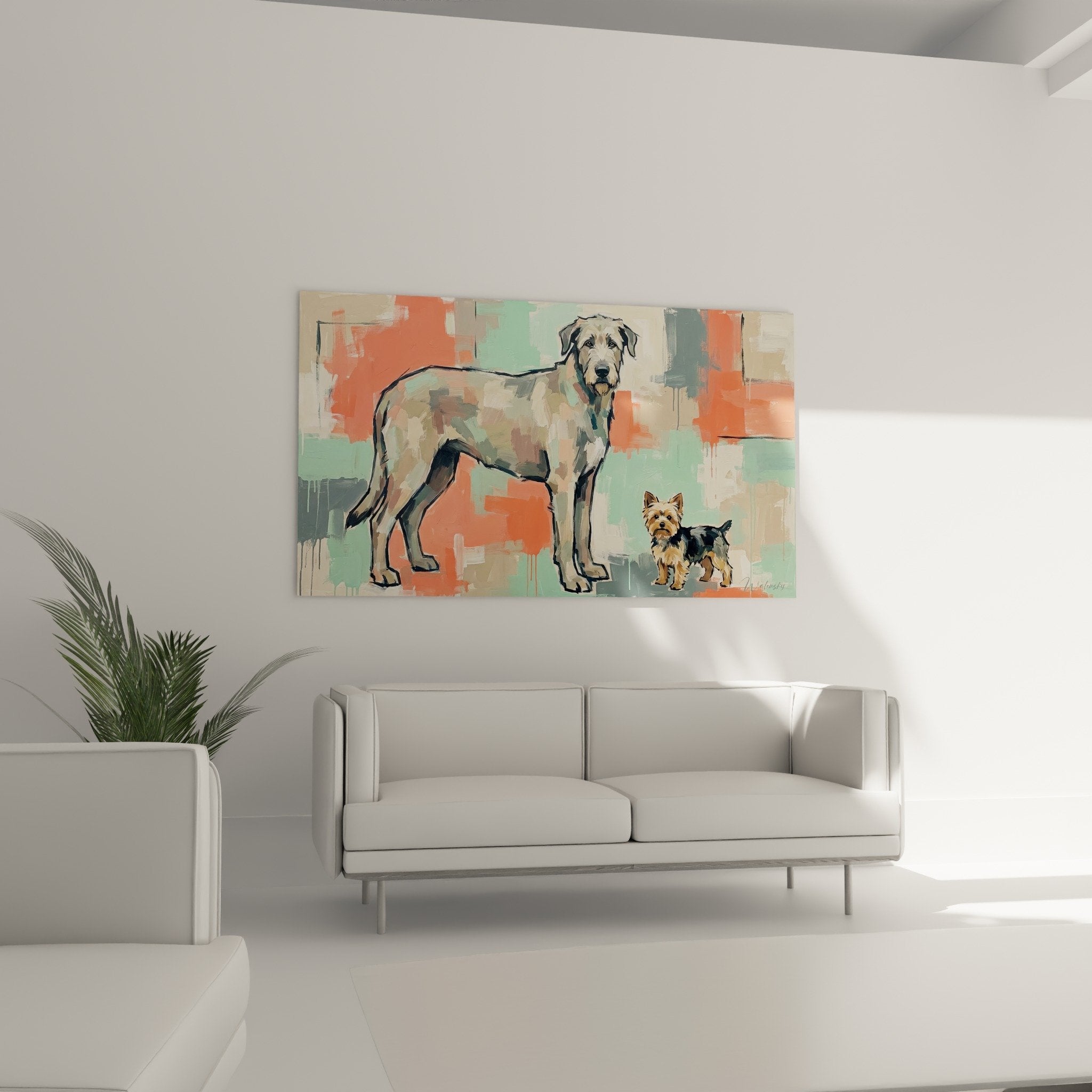 detail tableau irish wolfhound yorkshire terrier technique peinture abstraite geometrique tons corail menthe