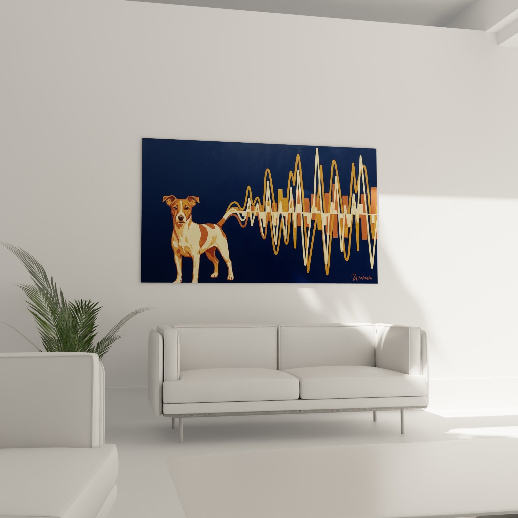detail jack russel terrier tons fauve cuivre ondes sonores dorées style artistique moderne epure