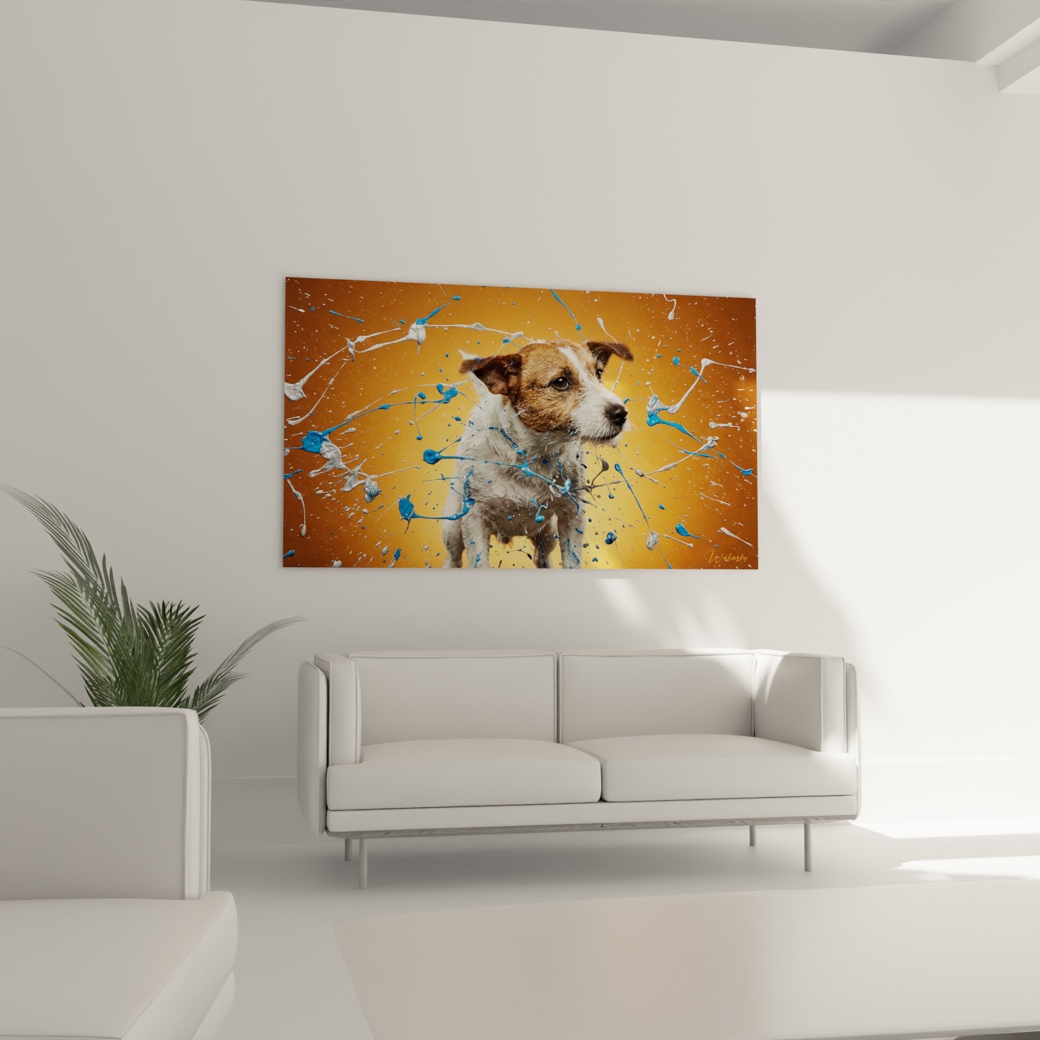 Detail tableau Jack Russel Terrier projections peinture bleue technique artistique contemporaine portrait animalier