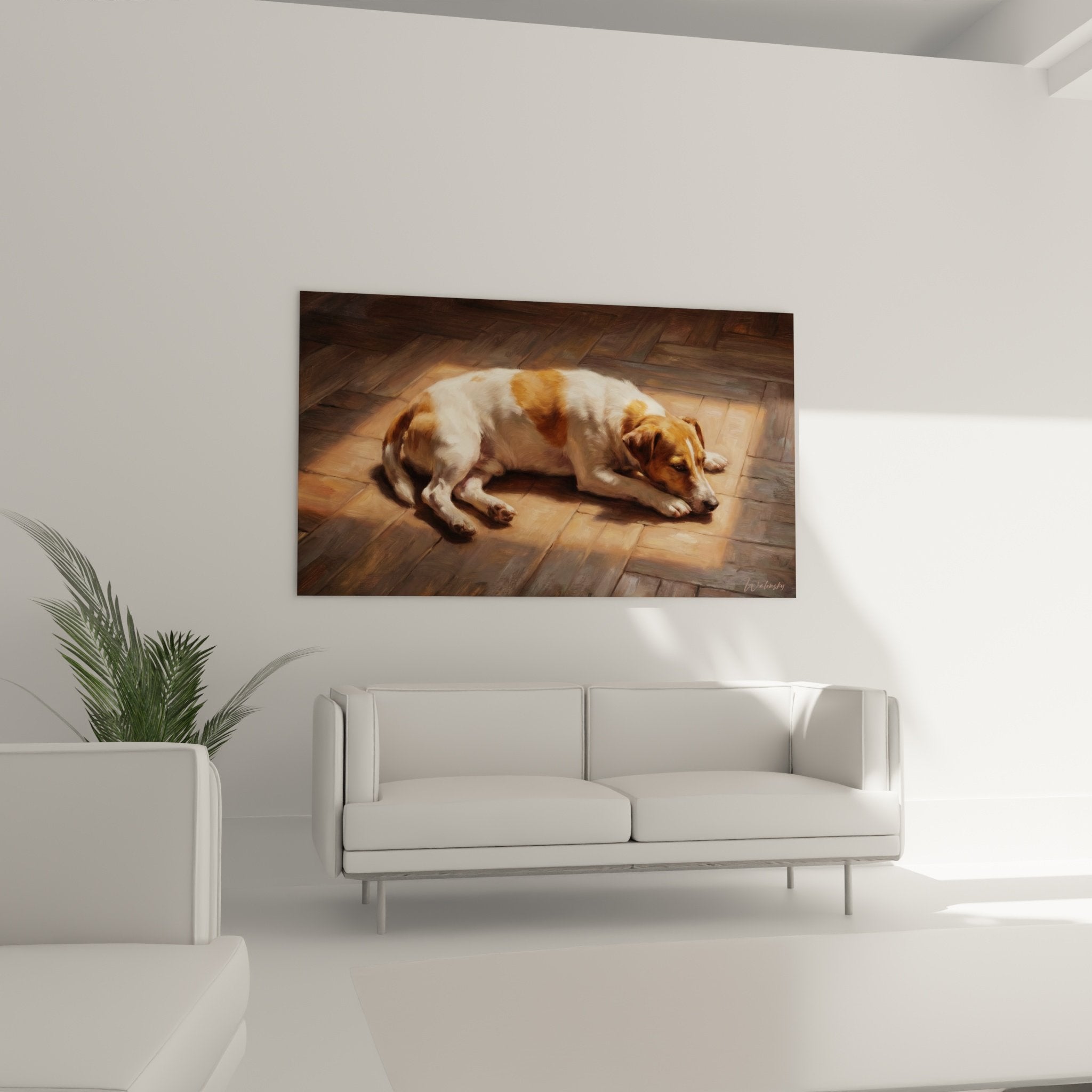 detail tableau jack russel terrier pelage roux blanc lumiere naturelle technique aquarelle peinture realiste