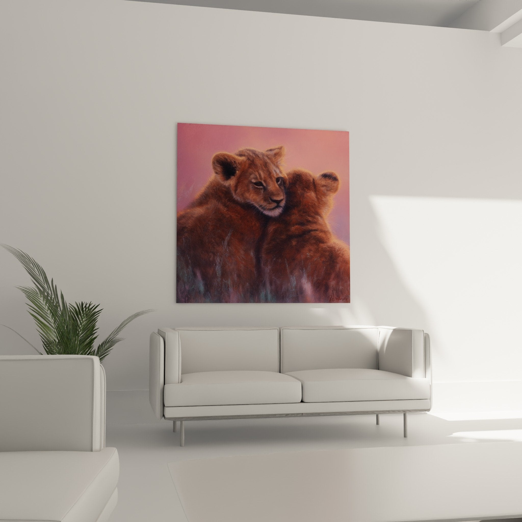 Detail painting young lions intertwined golden coat warm light fraternal tenderness