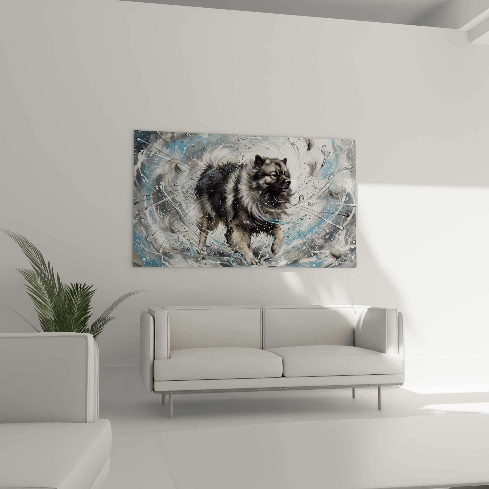 Detail tableau Keeshond eclaboussures eau cristallines effets artistiques gris metalliques