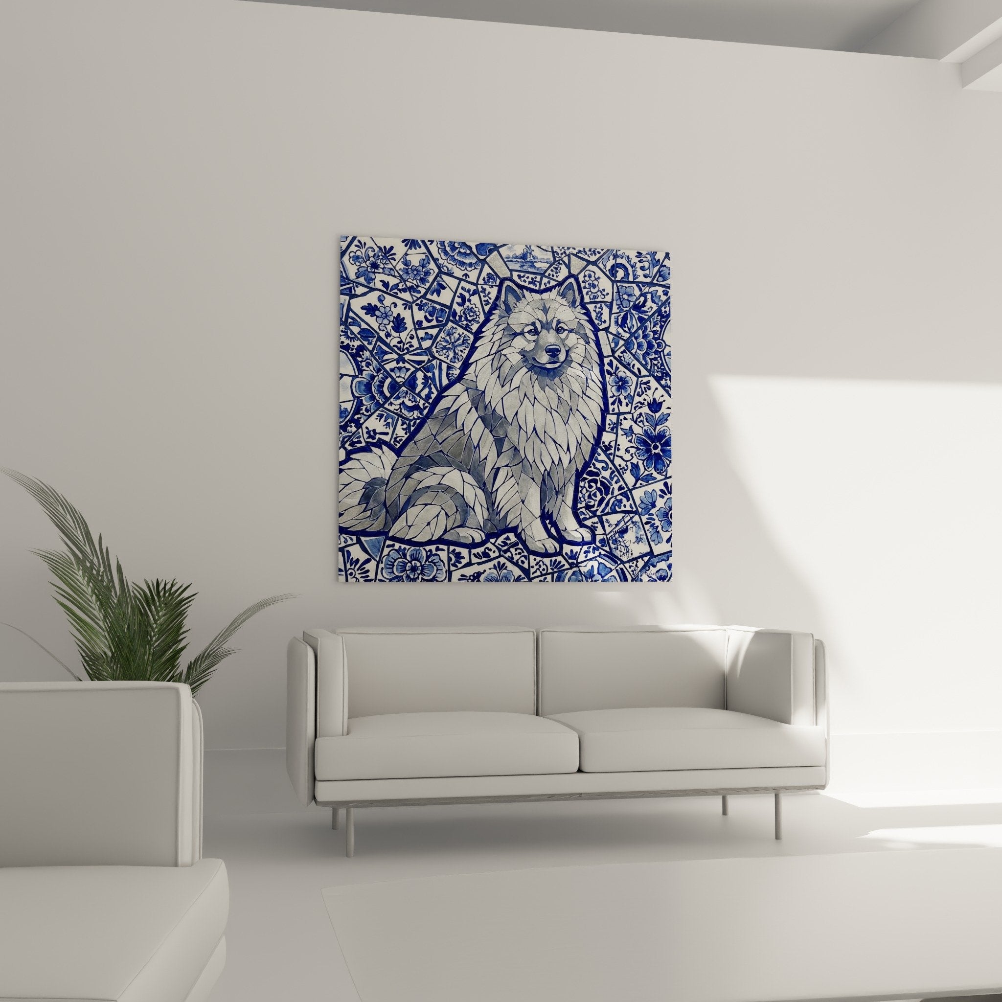 Detail tableau Keeshond facettes geometriques grises sur motifs floraux bleu cobalt faience Delft