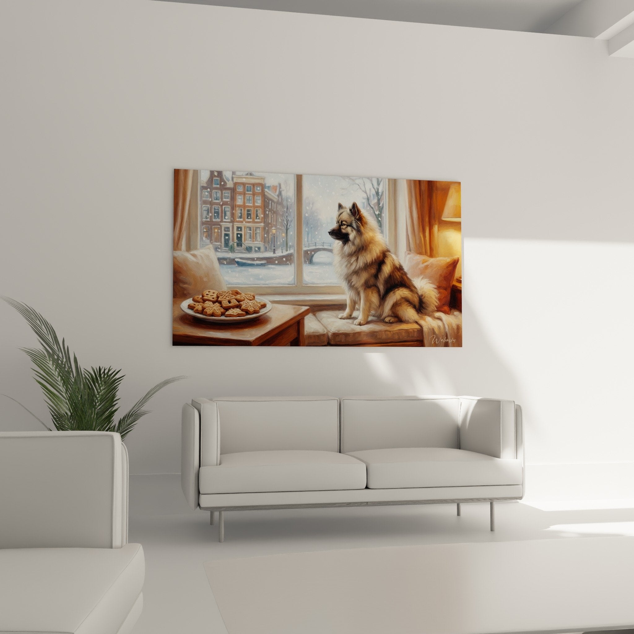 Detail tableau Keeshond aux tons caramel - texture fourrure et lumiere doree realistes - art animalier