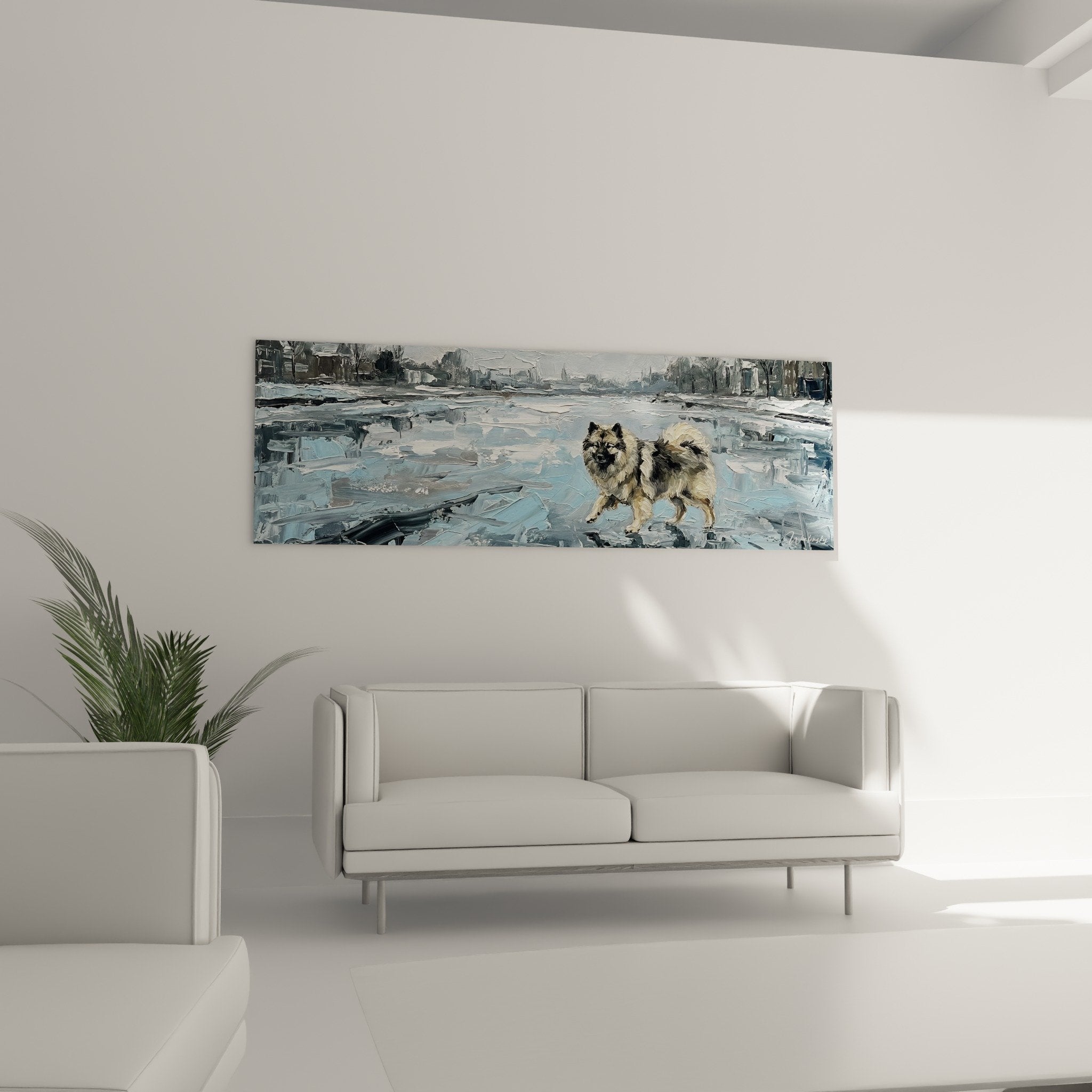 Detail peinture Keeshond fourrure fauve technique empâtements glace bleue texture artistique