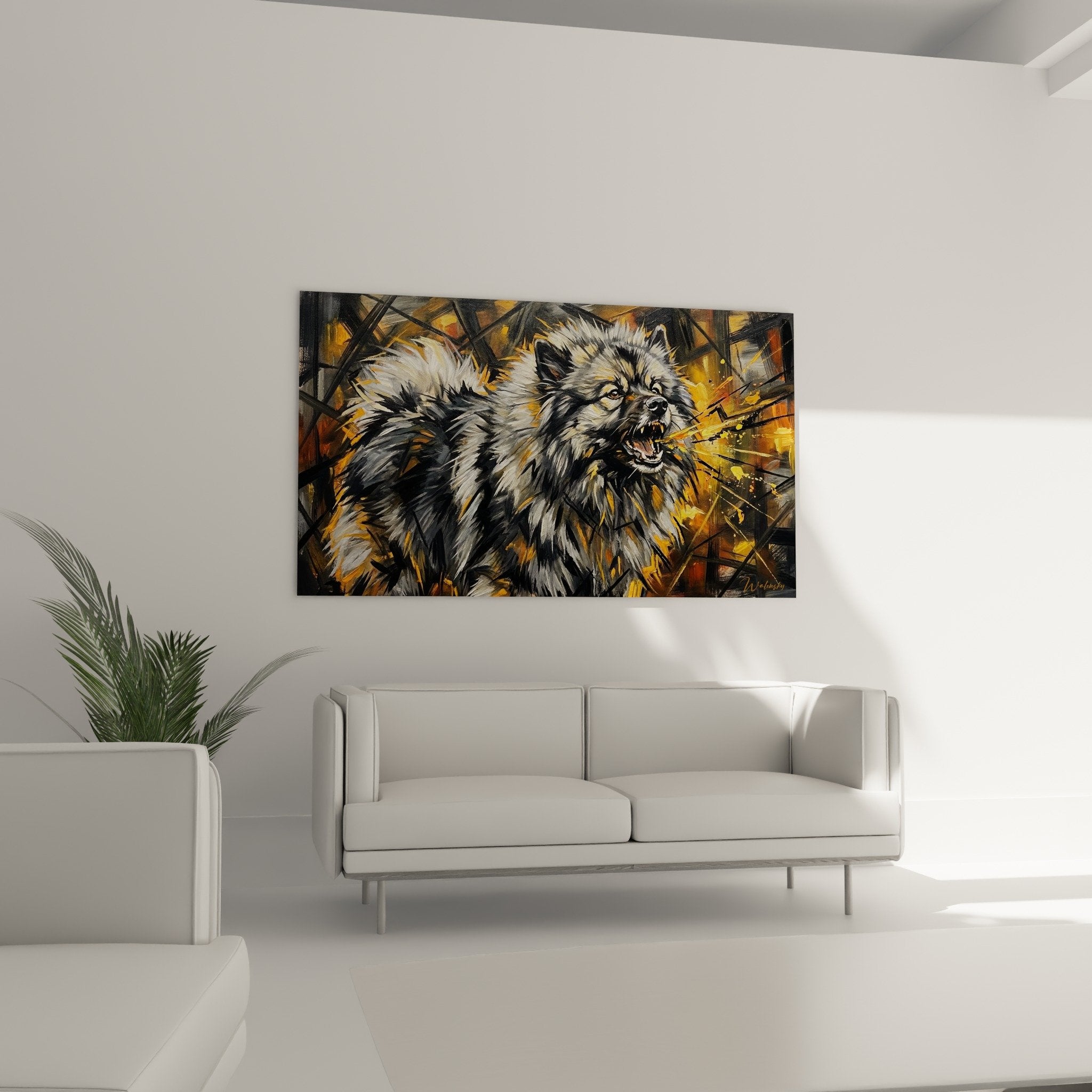 detail-keeshond-rugissant-peinture-expressionniste-projections-dorees-art-contemporain
