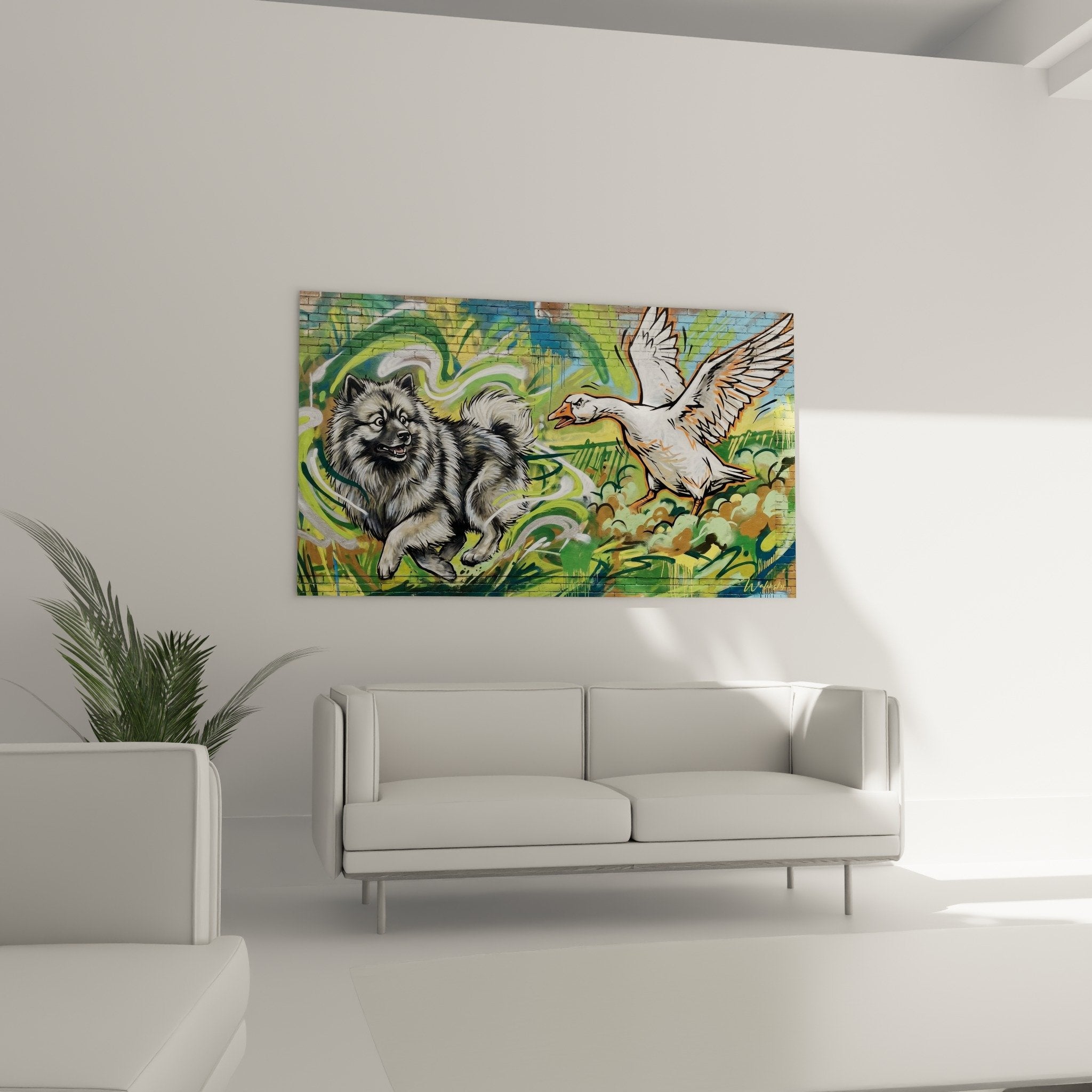 Détail pelage argenté Keeshond et fond graffiti aux tons verts éclatants