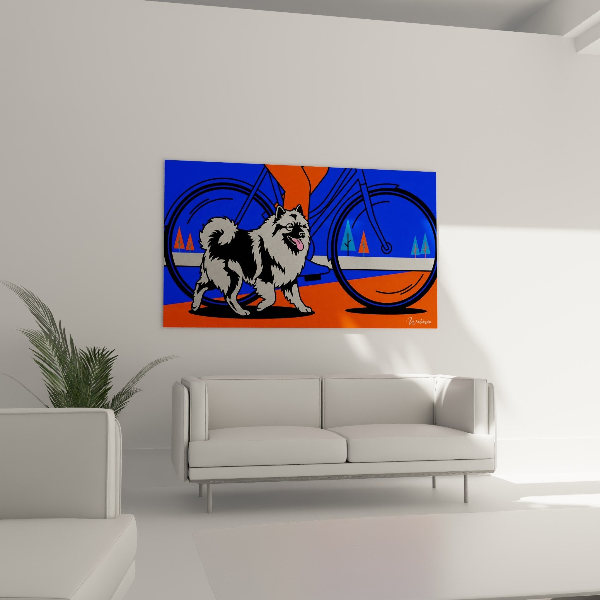 Detail Keeshond pelage gris noir langue rose expression joyeuse peinture contemporaine portrait animalier precis