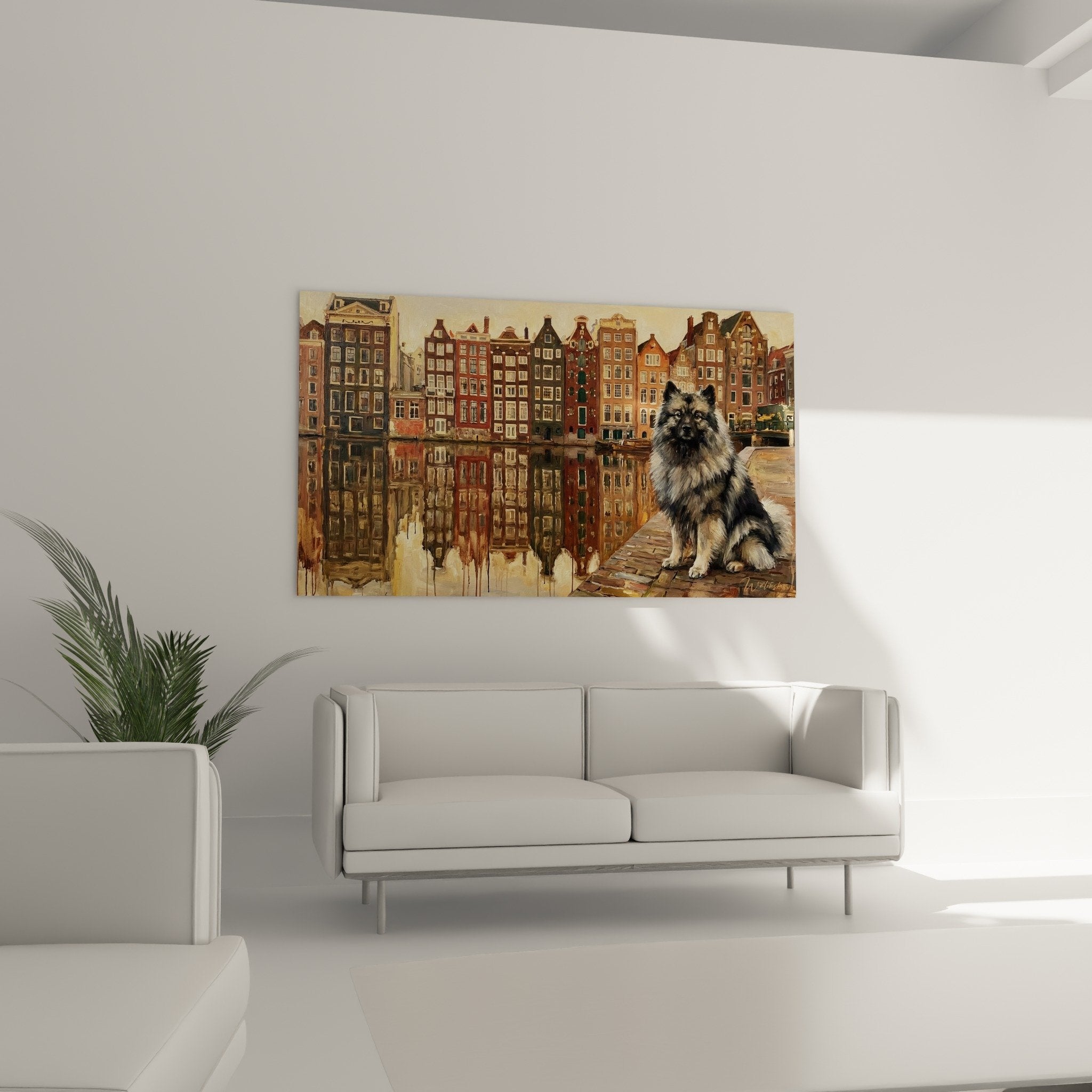 Détail tableau montrant pelage gris-argent Keeshond et textures pavés quai hollandais avec reflets dorés