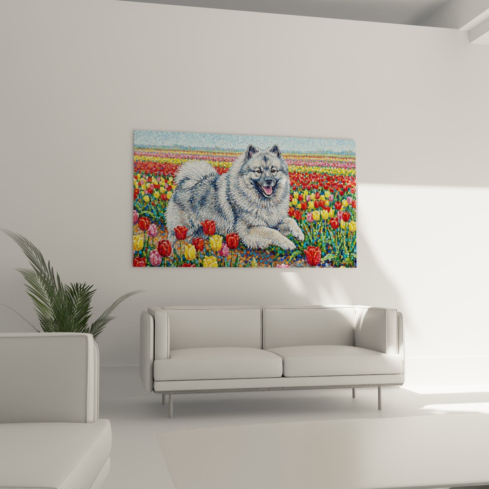 Detail pelage Keeshond gris blanc technique pointilliste texture fourrure chien souriant tulipes