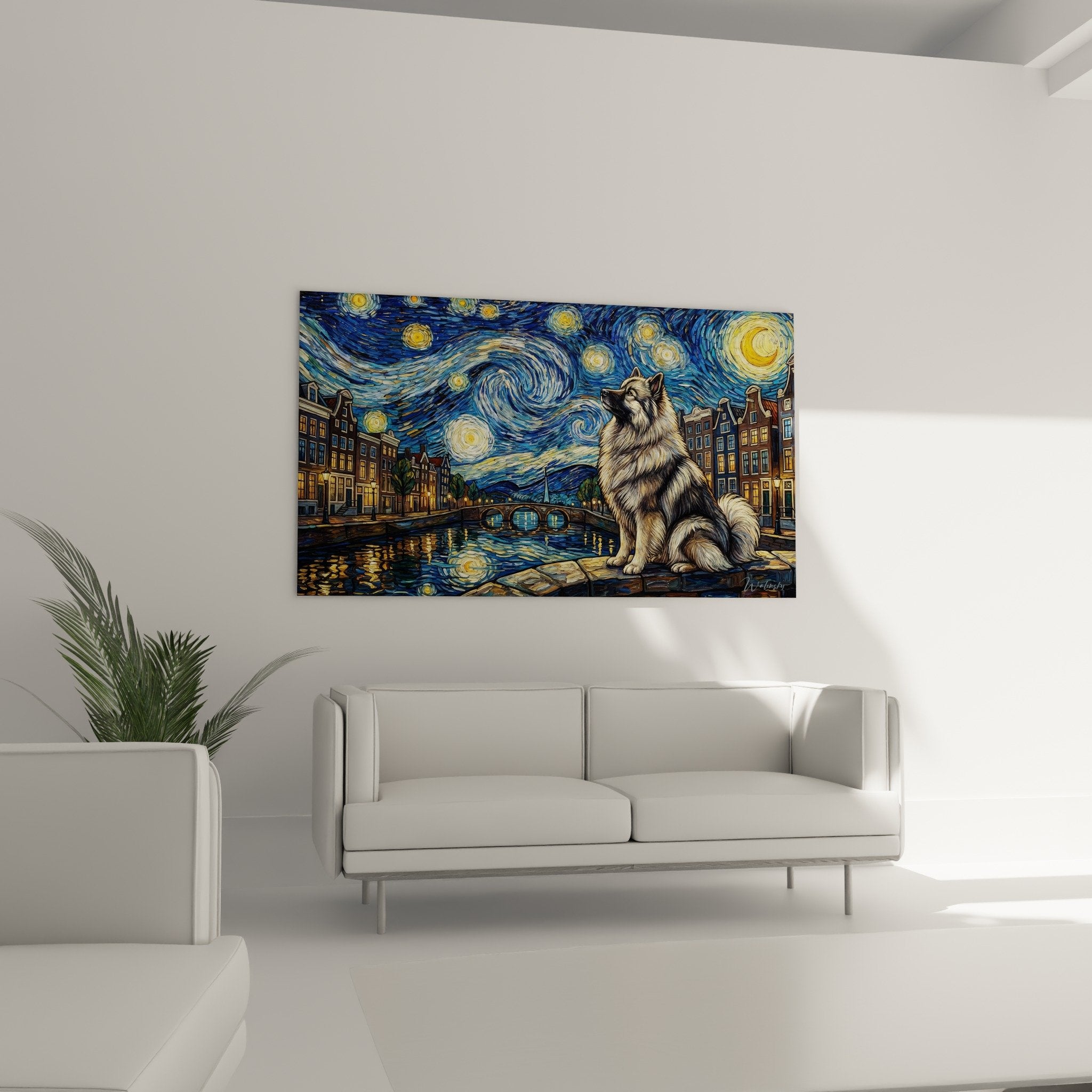 Detail tableau Keeshond pelage brun creme spirales celestes dorées style impressionniste coups pinceau