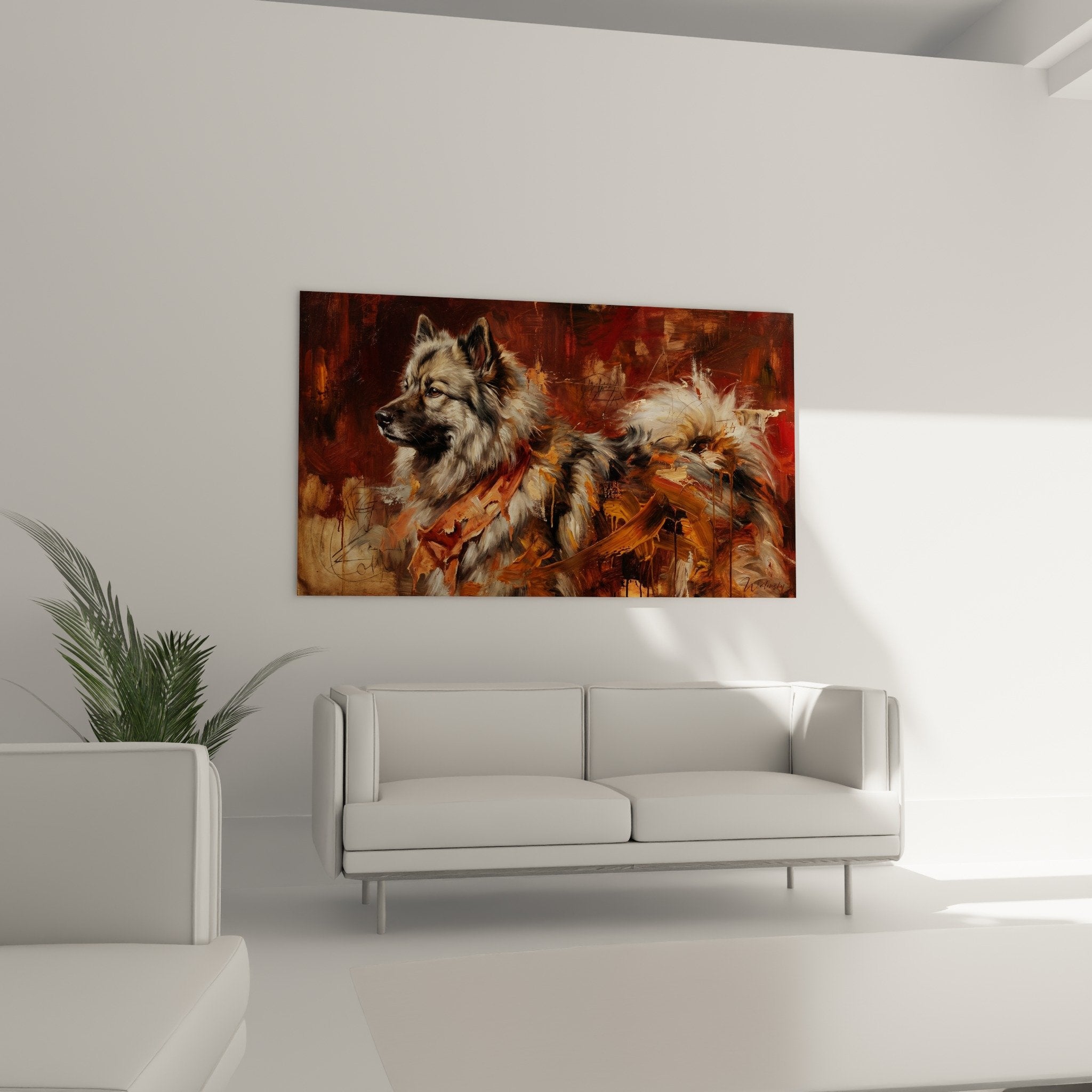 Keeshond-Gemäldedetail mit ausdrucksstarkem Blick, realistisches Fell, Pinselstriche, Texturen und Impasto-Technik, moderne Kunst