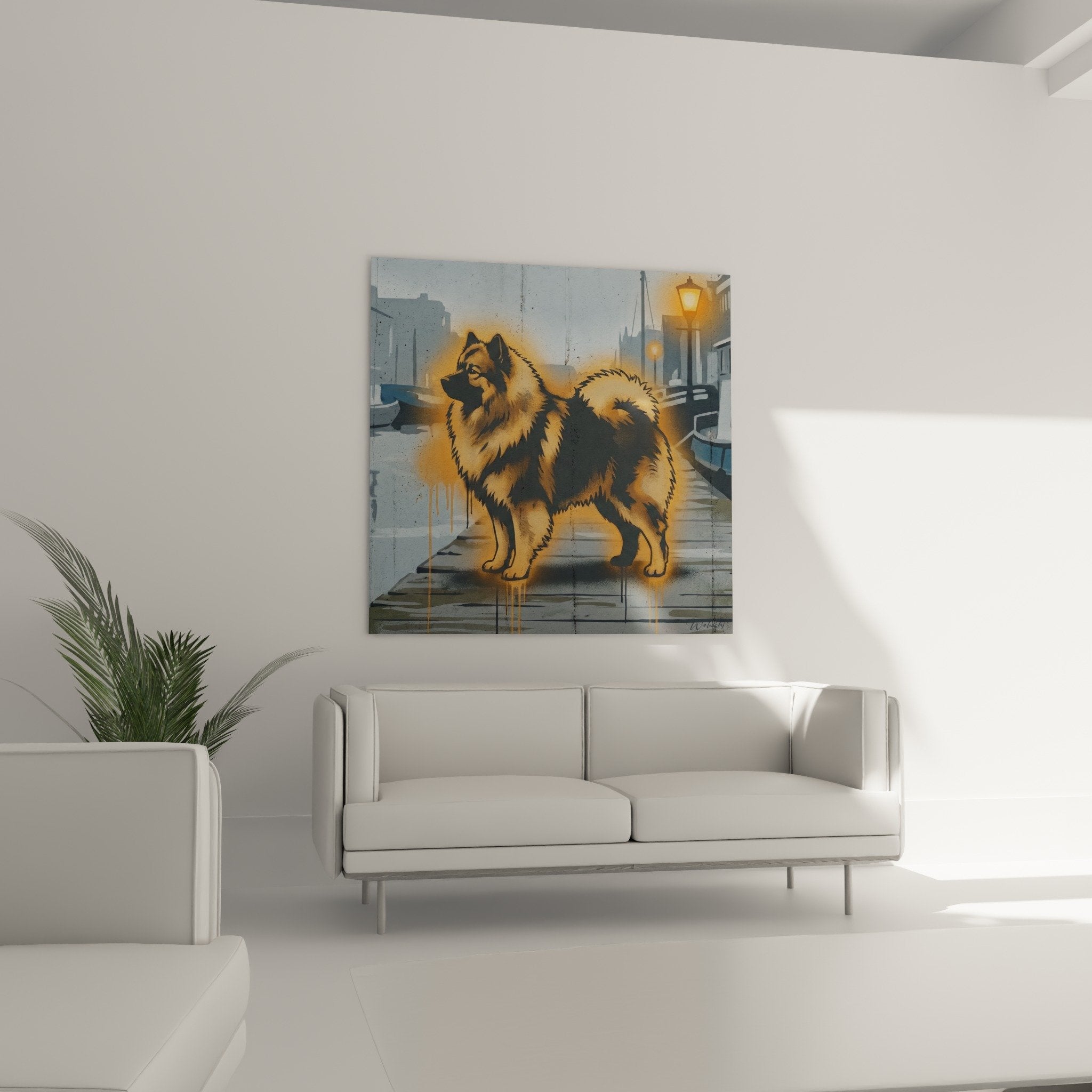 Nahaufnahme-Detail Keeshond-Hund in Gold- und Orangetönen, dicke Fellstruktur, urbaner künstlerischer Stil