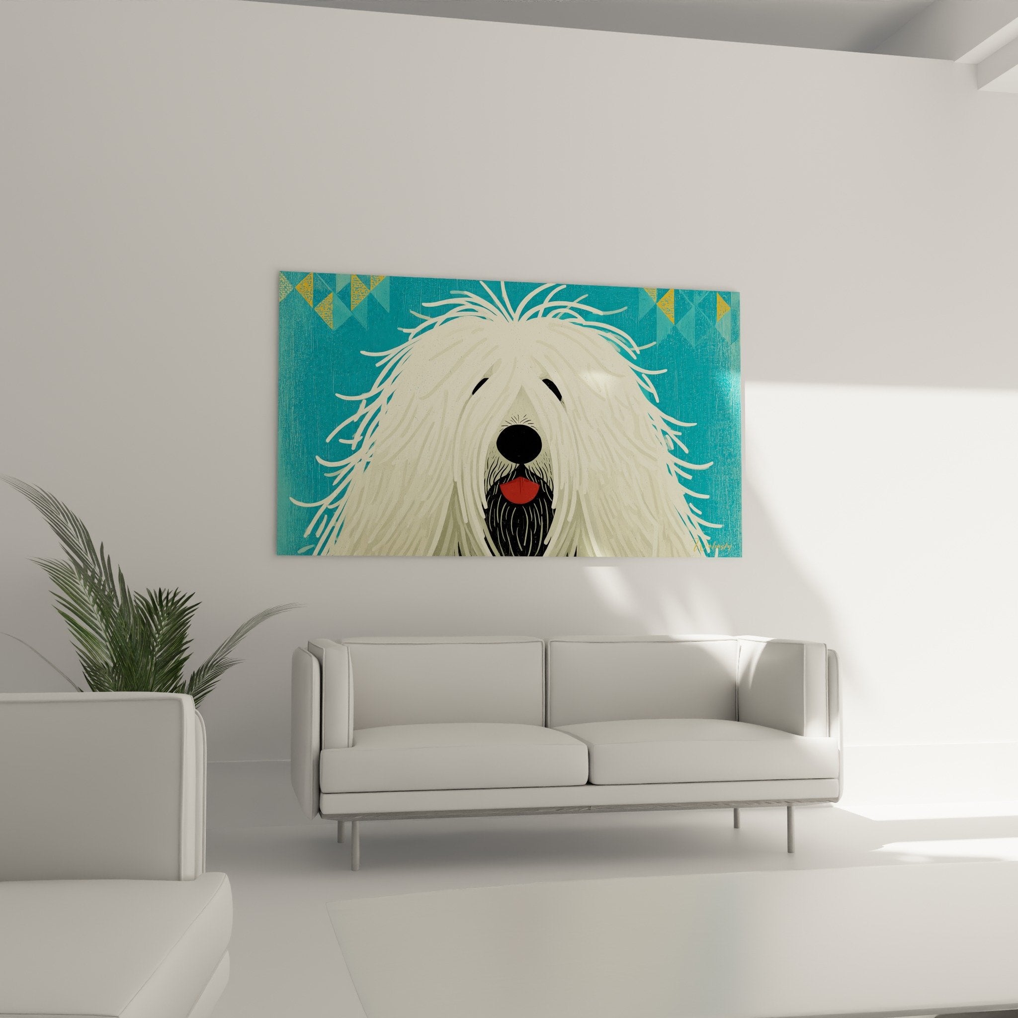 detail gemälde komondor weißes fell lockige textur rote zunge fröhlicher ausdruck ungarischer schäferhund kunst