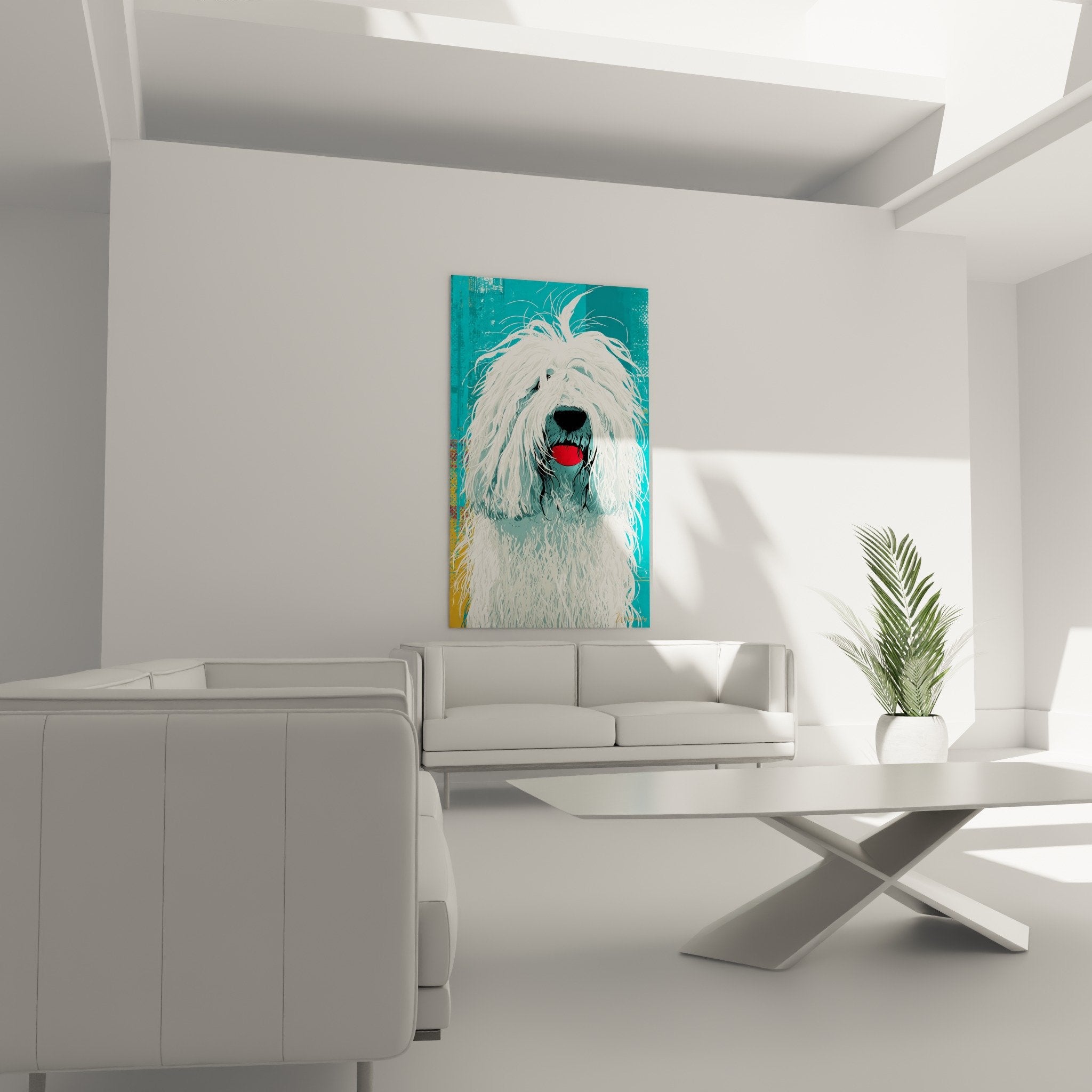 Détail rapproché tableau Komondor pelage blanc texturé langue rouge fond turquoise artistique
