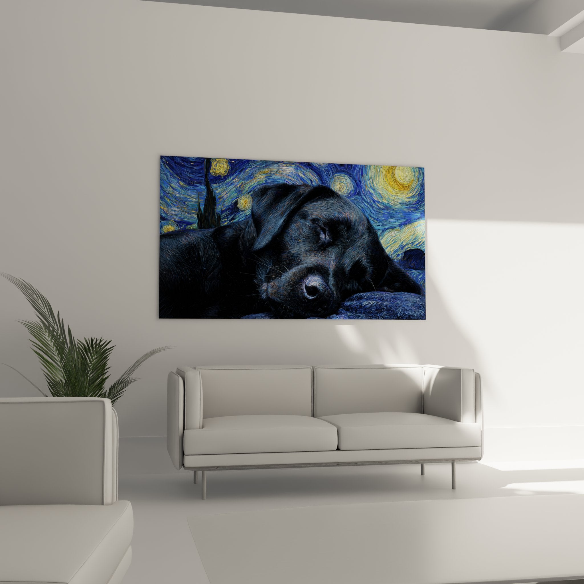 detail schwarzer schlafender labrador friedlich schnauze hängende ohren van gogh kunststil