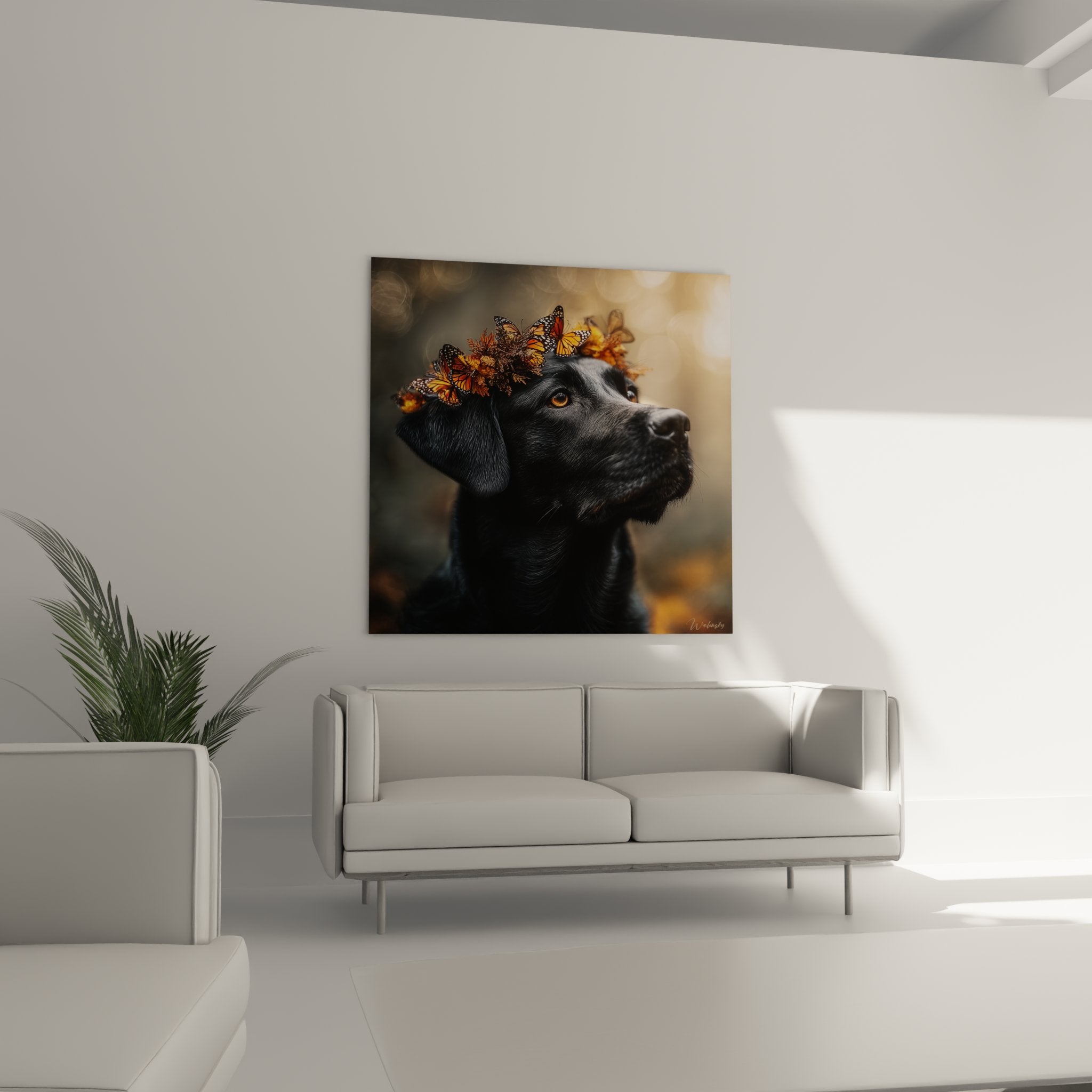 detailliertes Bild eines schwarzen Labradors mit bernsteinfarbenen Augen, Monarchfaltern mit orange Flügeln und schwarzen Rändern, realistische Fellstruktur