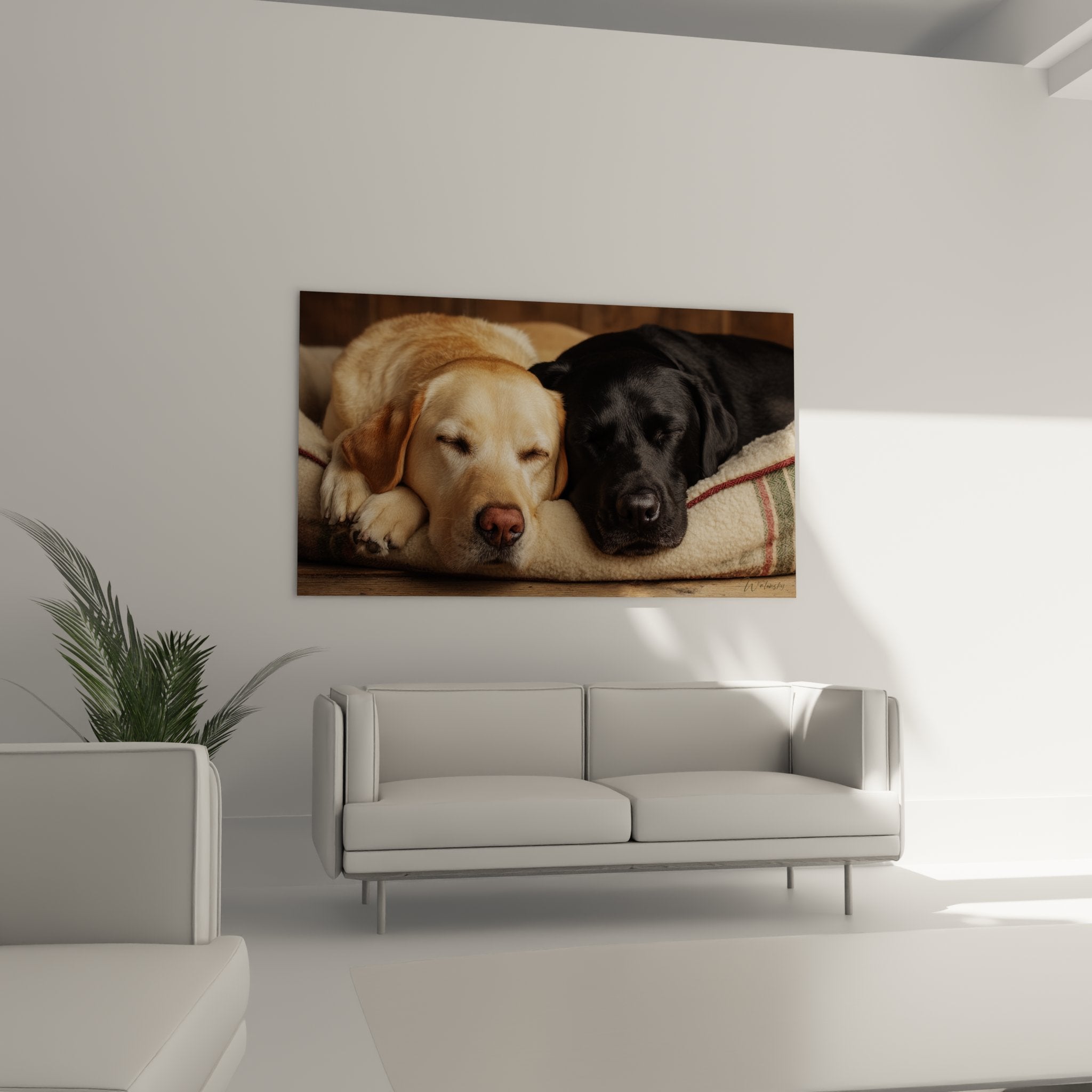 Close-up artwork labradors peaceful sleep golden beige and black coats tender contrast