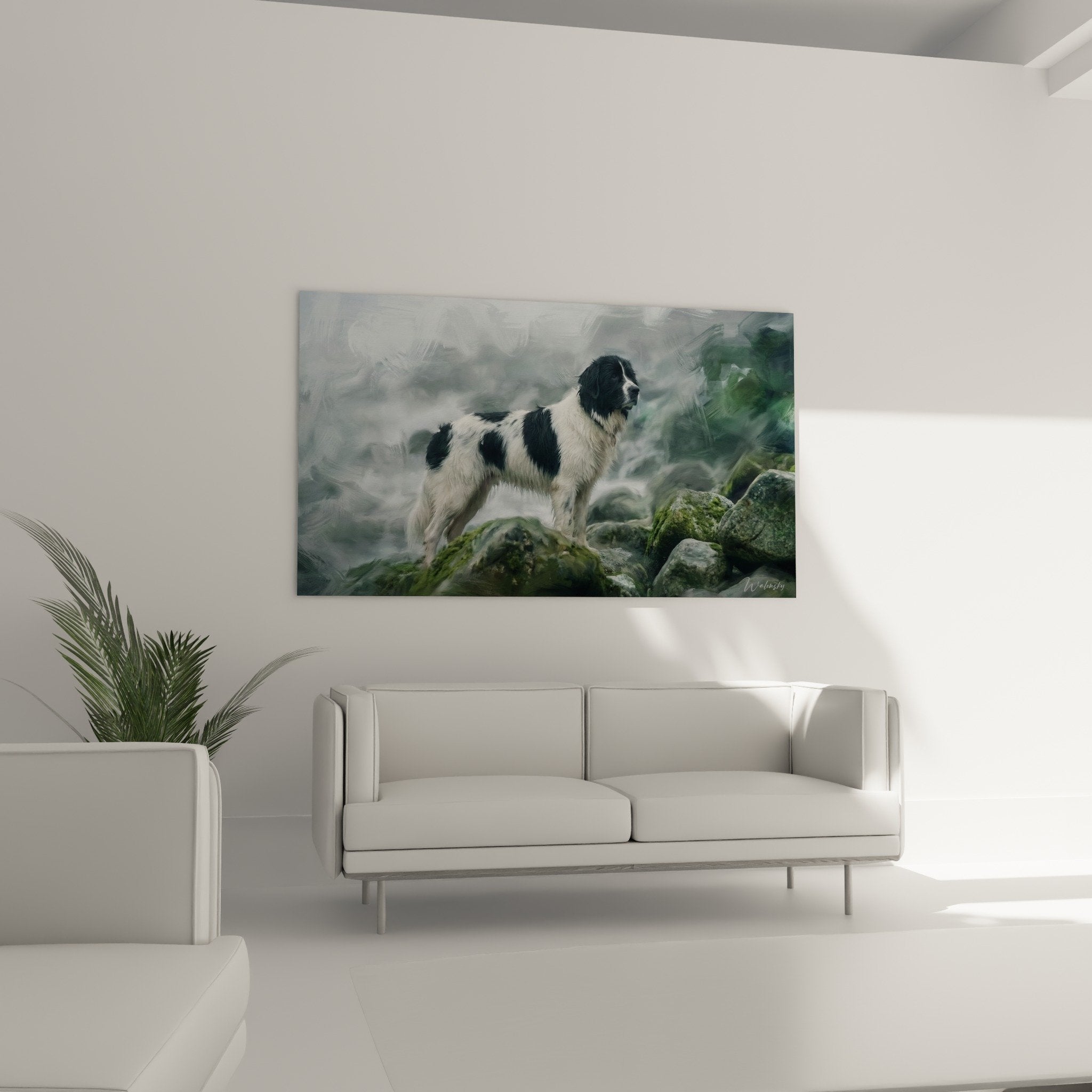 Close-up detail Landseer noble black and white coat emerald foam rocks artistic texture