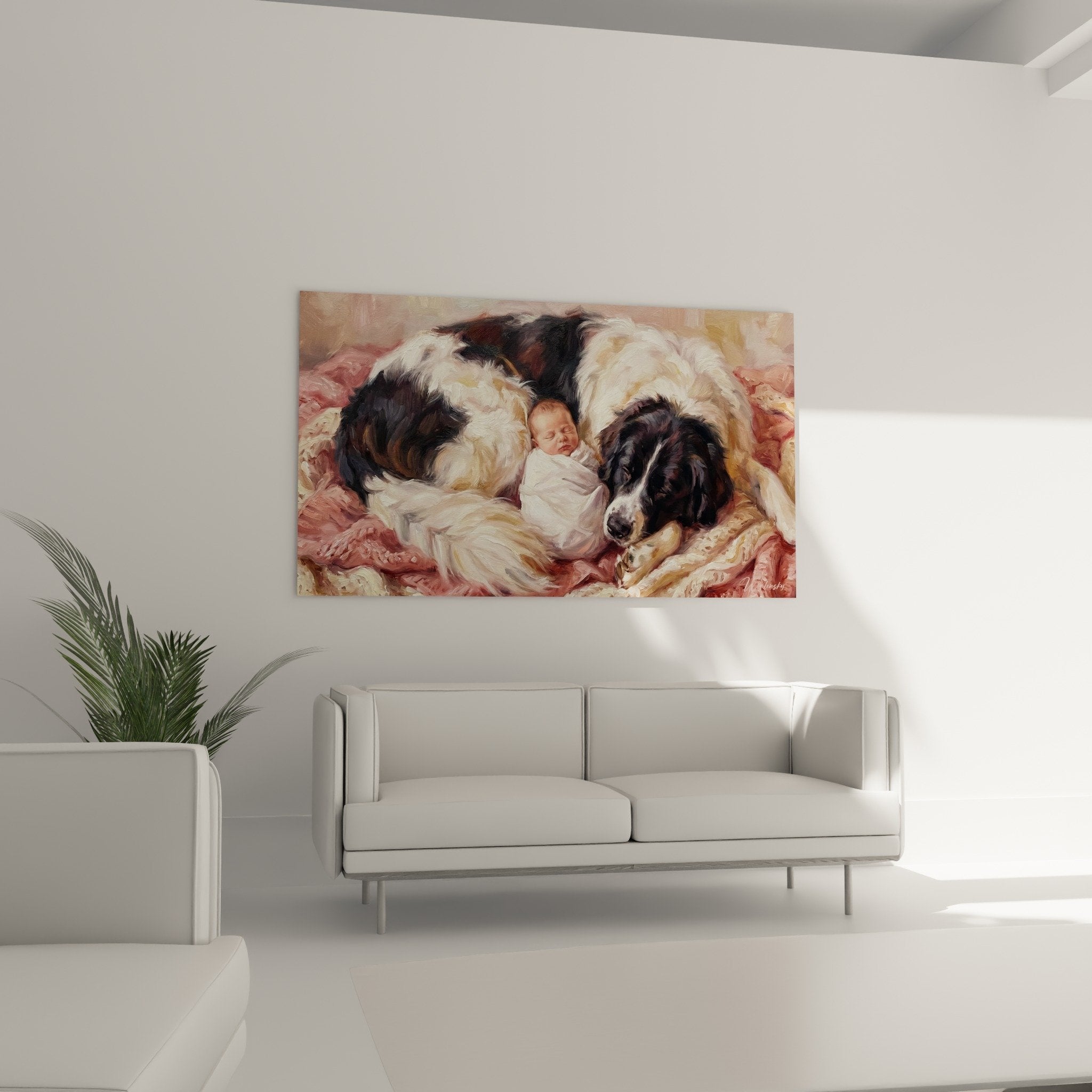 Landseer giant painting detail black and white textured coat watching over newborn soft pink palette