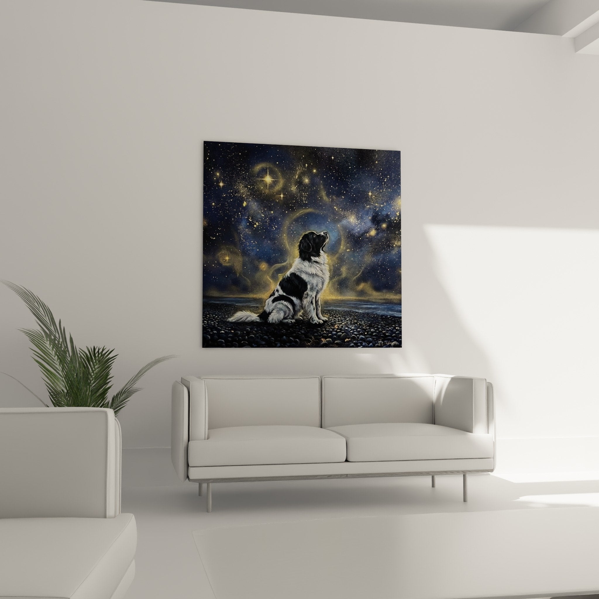 Detail Landseer pelage noir blanc regardant vers ciel etoile constellation doree art realiste