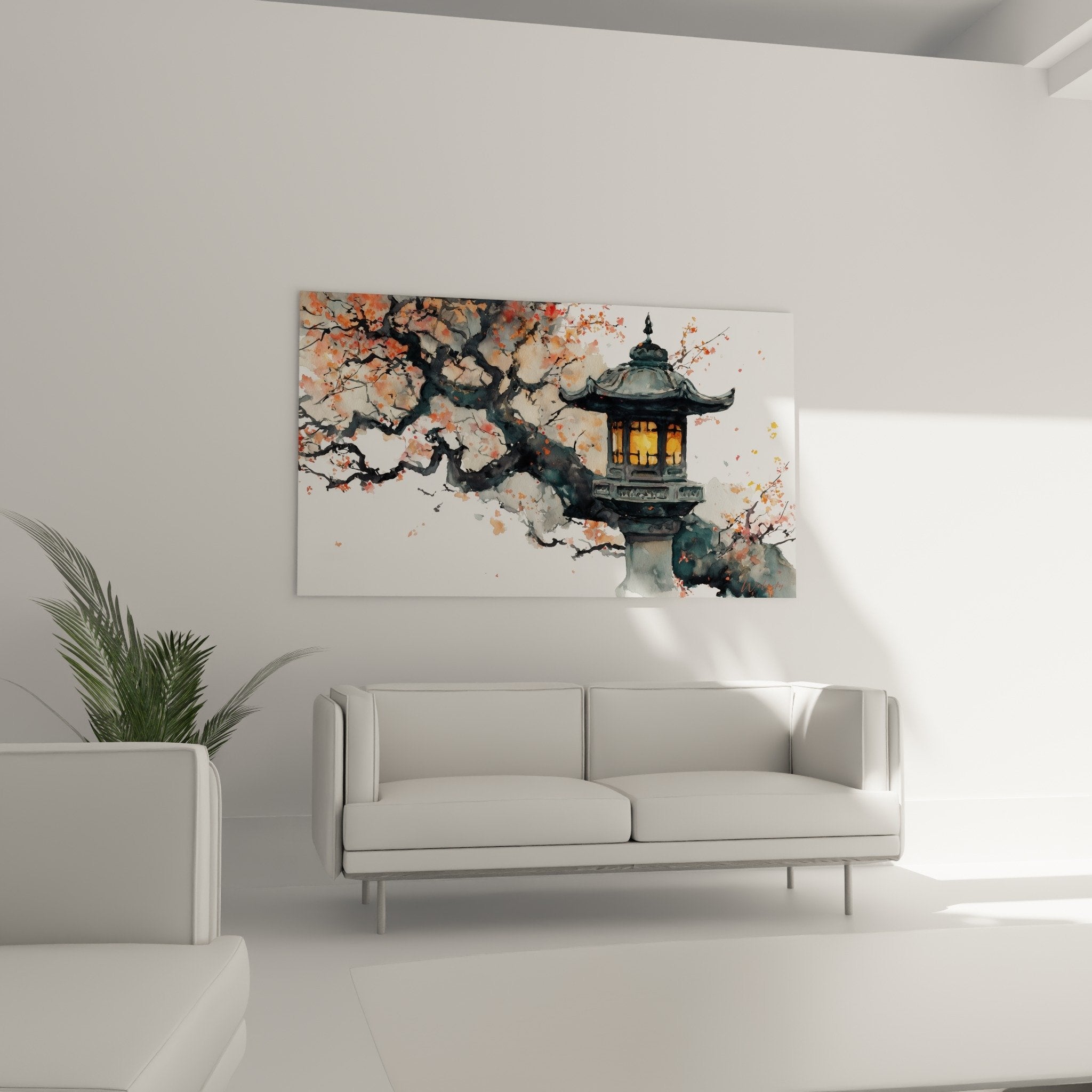 Golden Japanese lantern detail, coral cherry blossom flowers, watercolor brushstrokes, contemporary oriental art