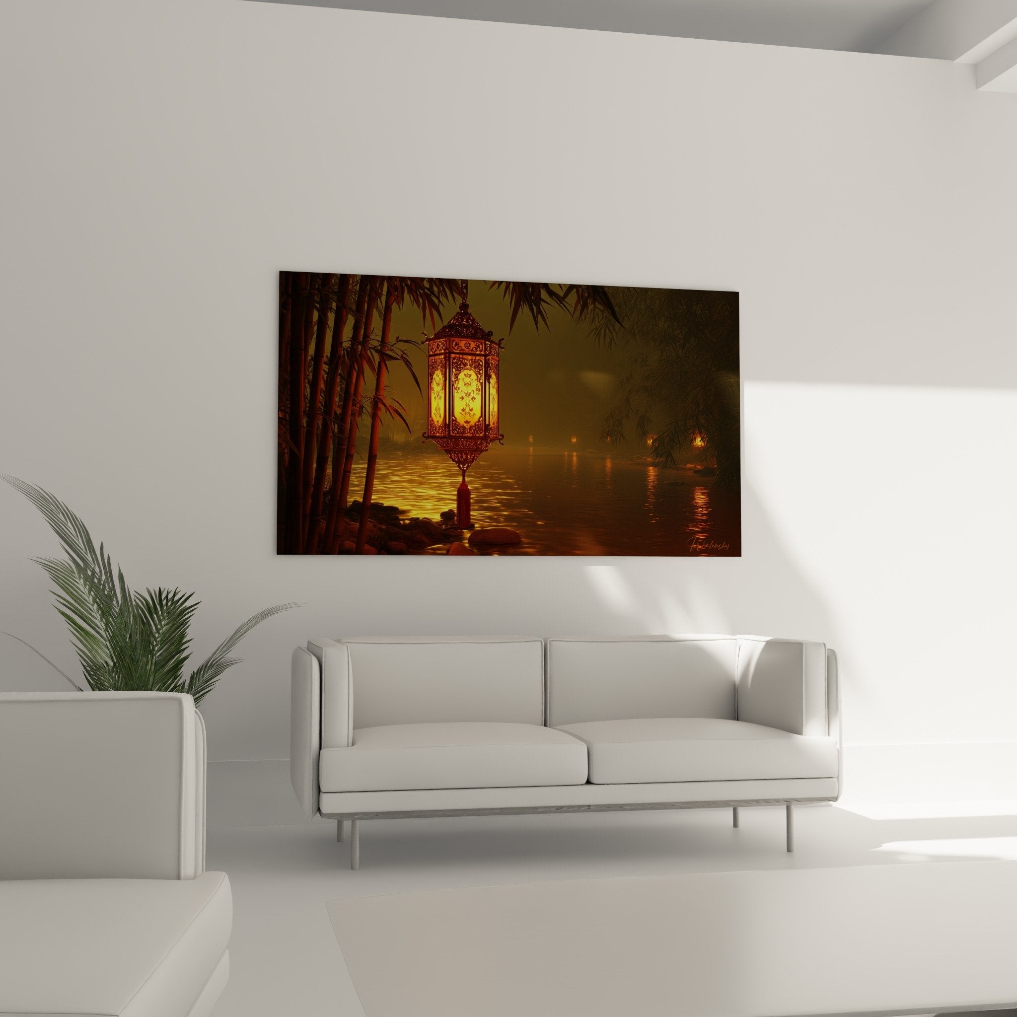 Ornate oriental lantern detail with geometric patterns filtered golden light copper reflections