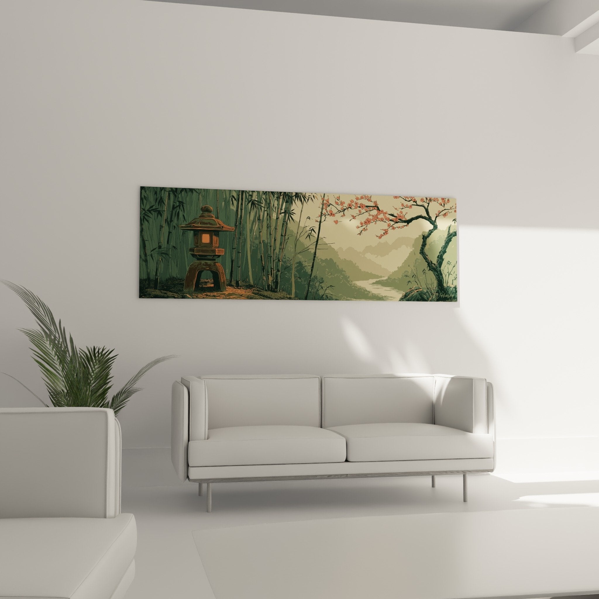 Detail tableau lanterne traditionnelle japonaise pierre bambous verts chemin mousse composition zen