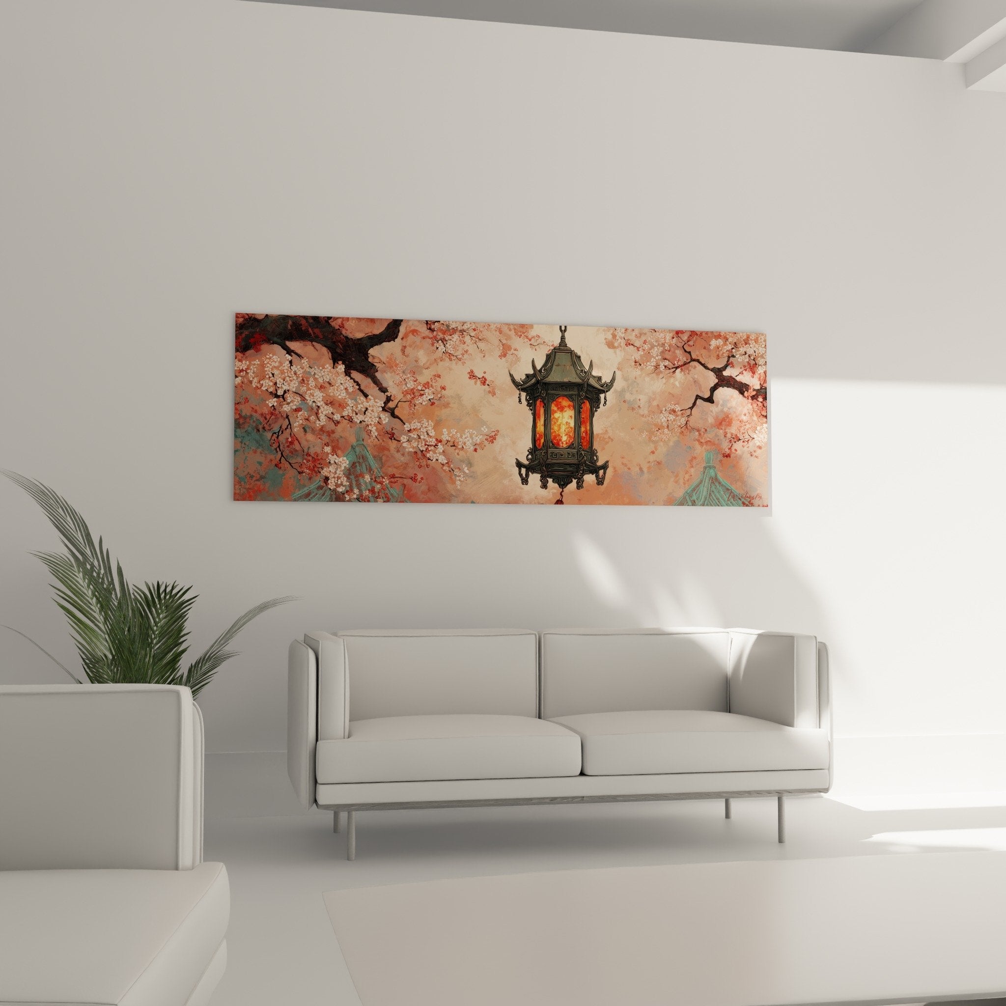 Détail lanterne traditionnelle japonaise bronze hexagonale lueur dorée entre pétales cerisiers roses