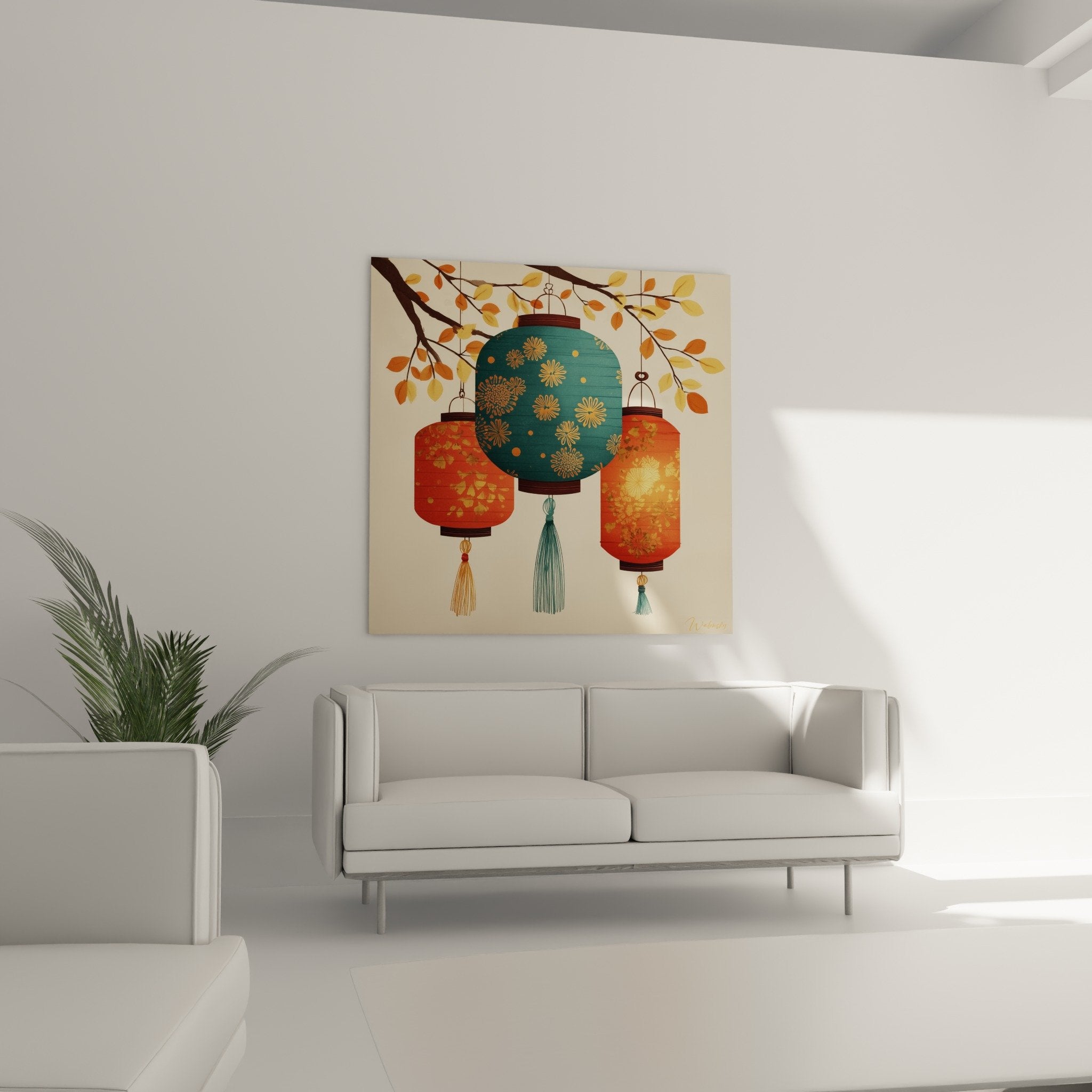 Turquoise Chinese lantern detail with golden floral patterns, decorative tassel, traditional Asian art