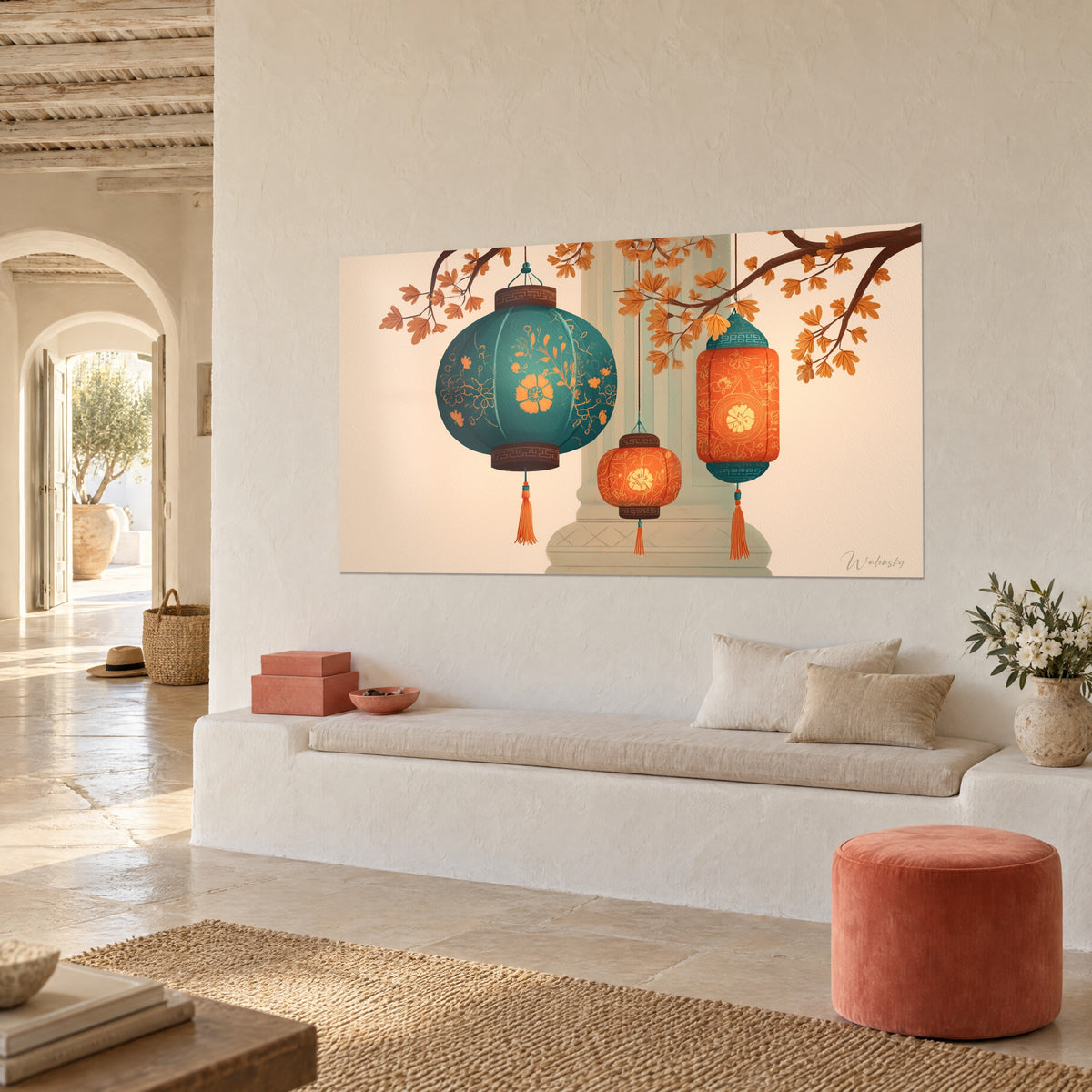Wall art of three hanging Chinese lanterns, ochre flowers on a cream background, three-quarter view in a Mediterranean home