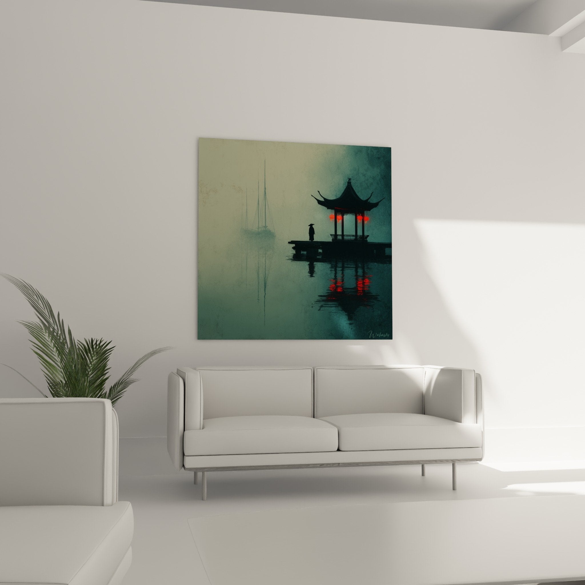 Detail lanternes ecarlates pagode traditionnelle reflets eau calme brume matinale